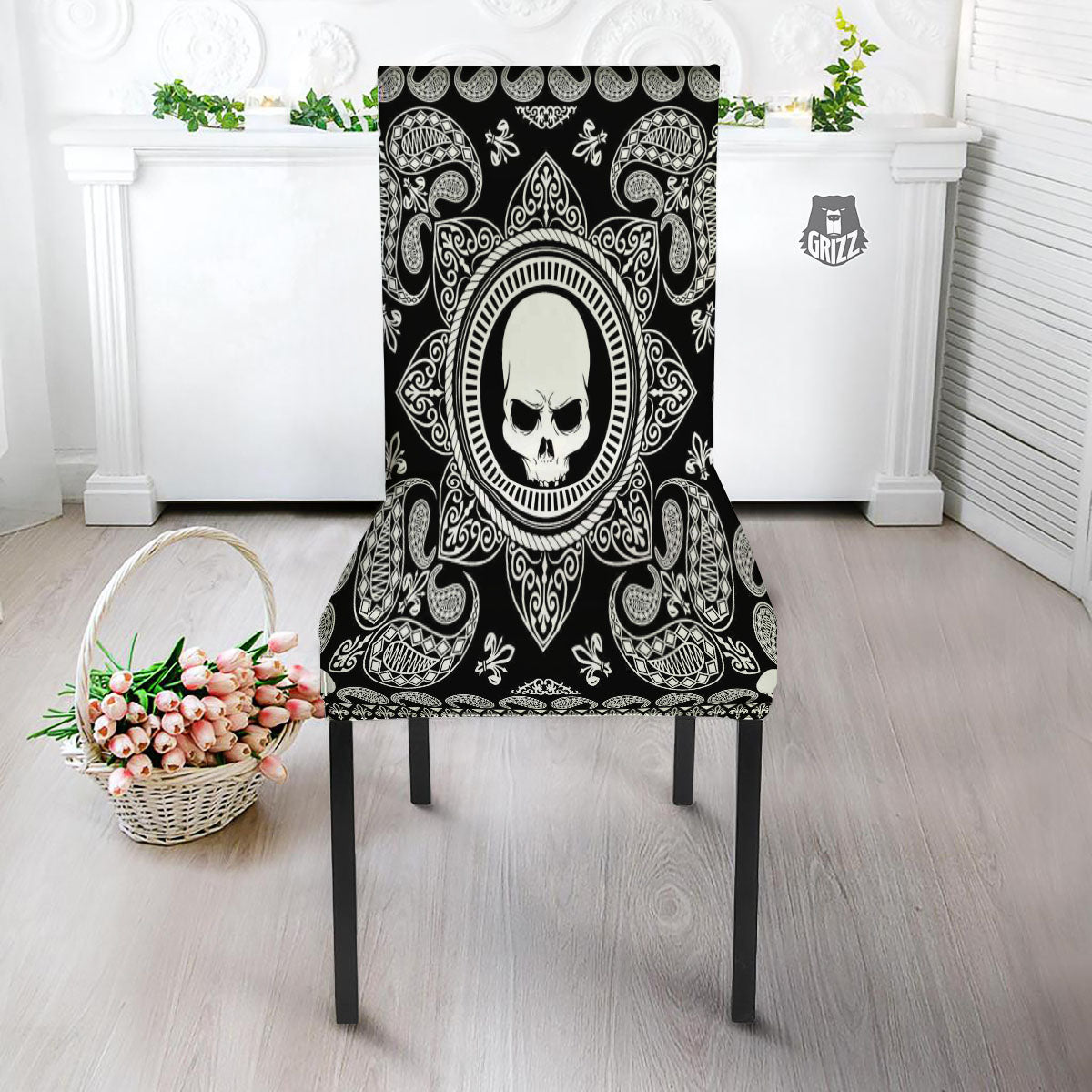 Black Skull Bandana Print Dining Chair Slipcover-grizzshop