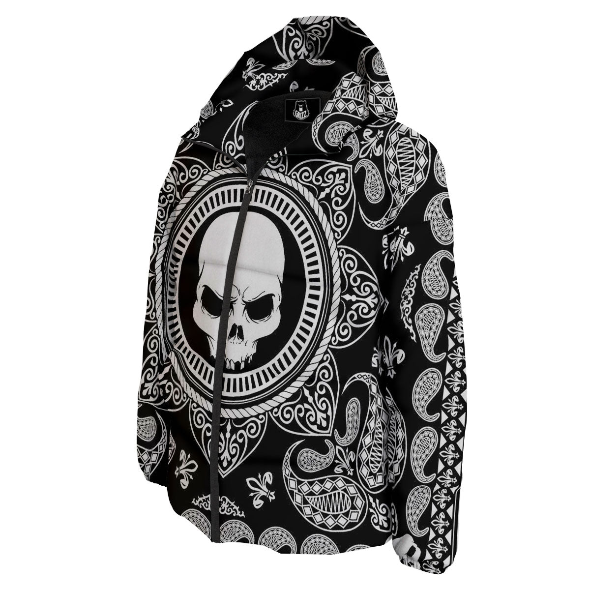 Black Skull Bandana Print Down Jacket-grizzshop