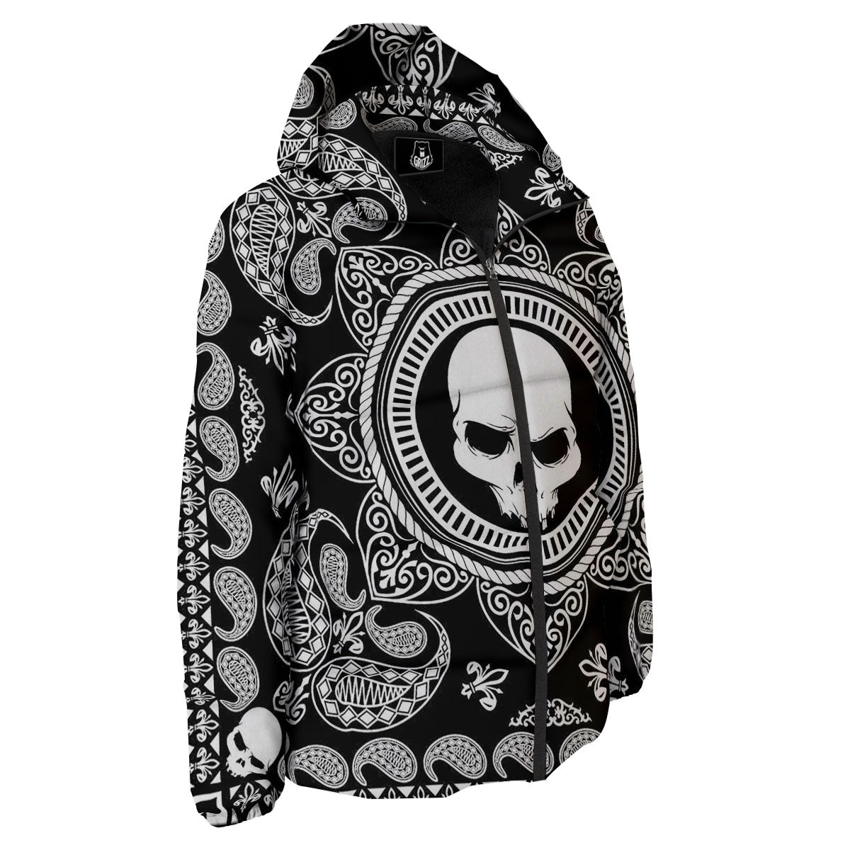 Black Skull Bandana Print Down Jacket-grizzshop