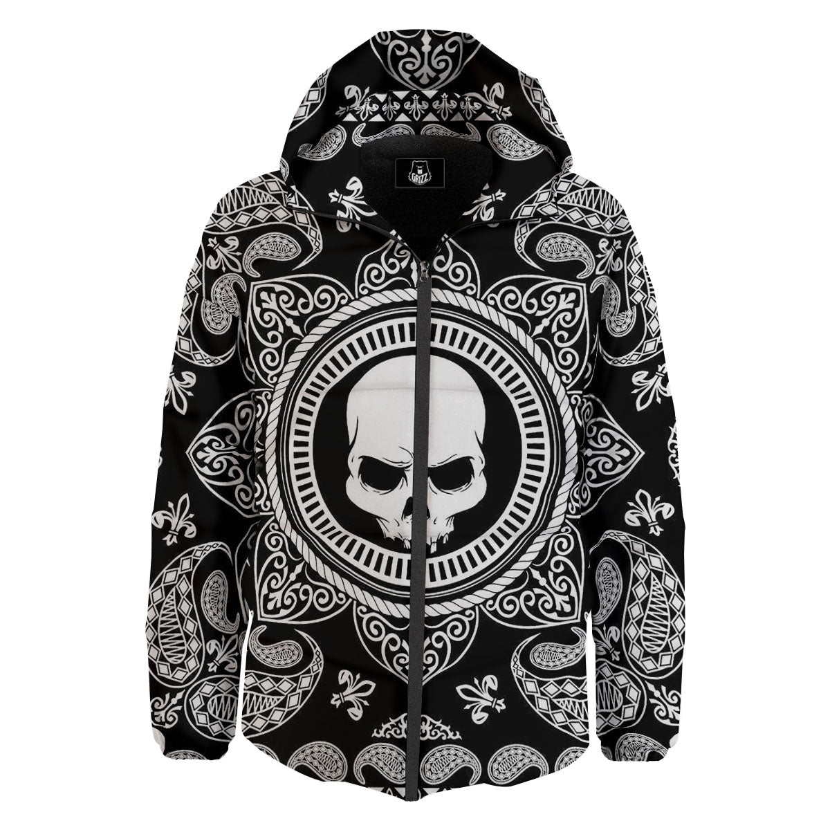 Black Skull Bandana Print Down Jacket-grizzshop