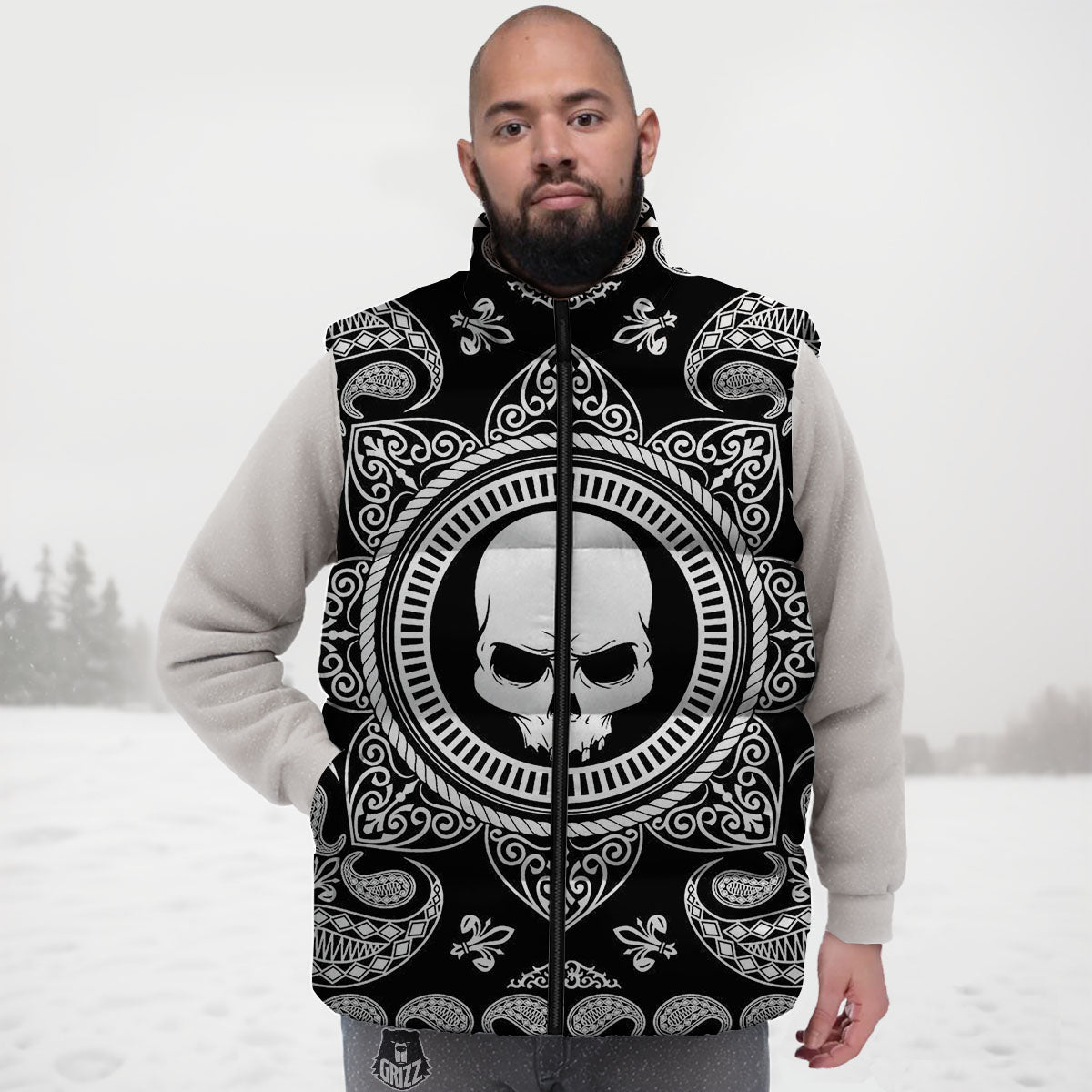 Black Skull Bandana Print Down Vest