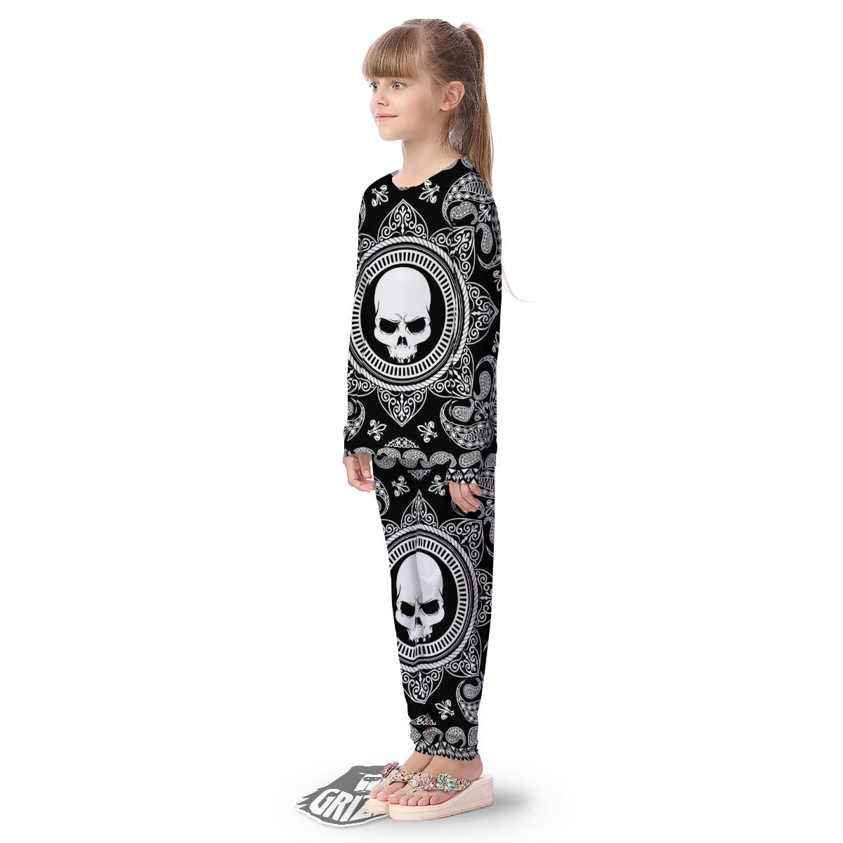 Black Skull Bandana Print Kid's Pajamas-grizzshop