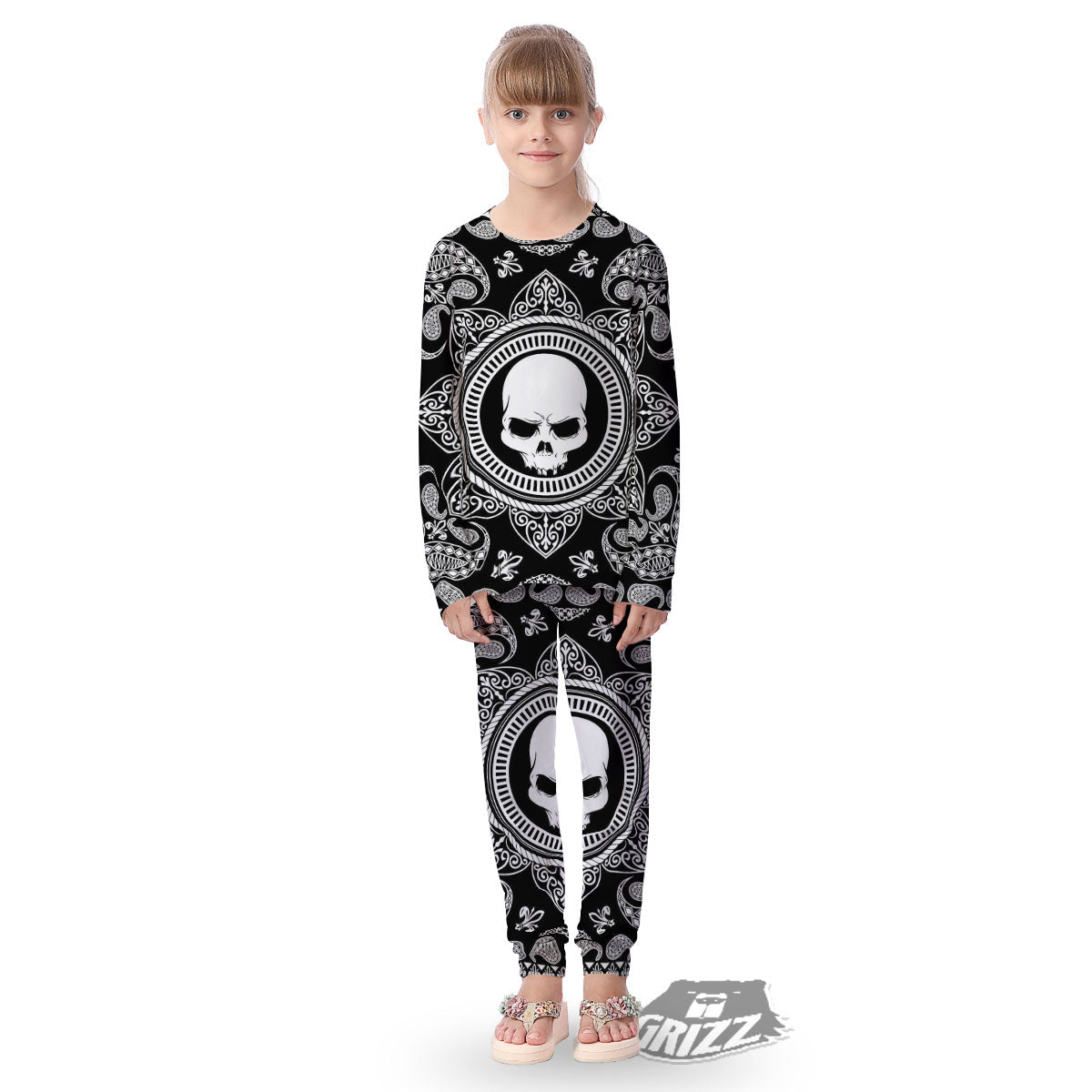 Black Skull Bandana Print Kid's Pajamas-grizzshop