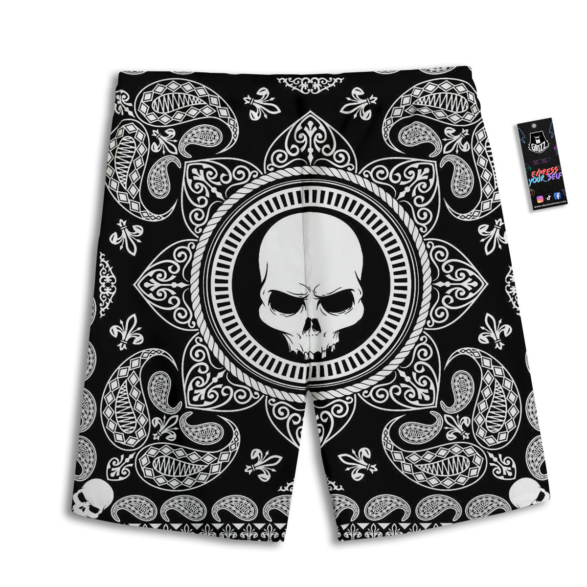 Black Skull Bandana Print Men's Athletic Shorts