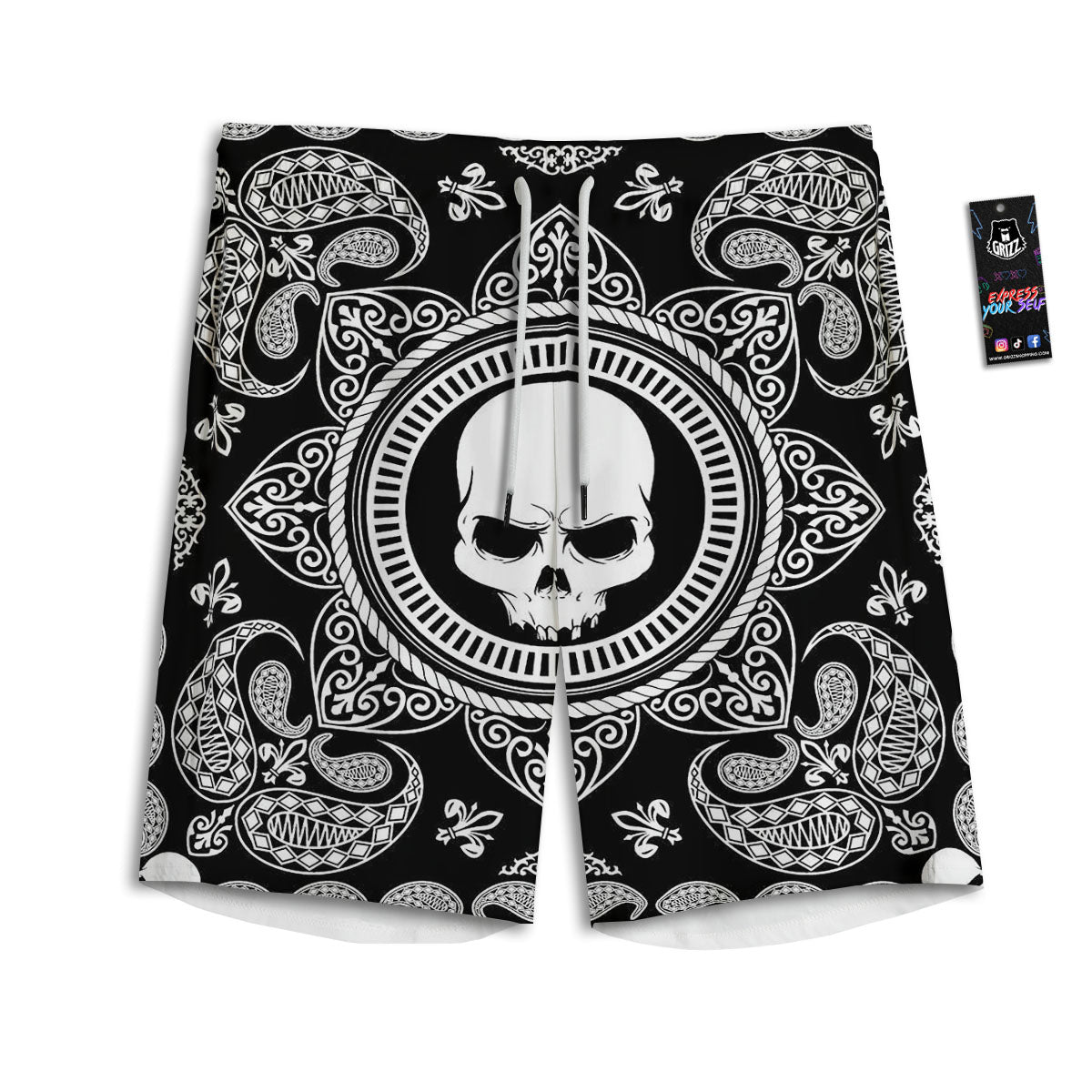 Black Skull Bandana Print Men's Athletic Shorts