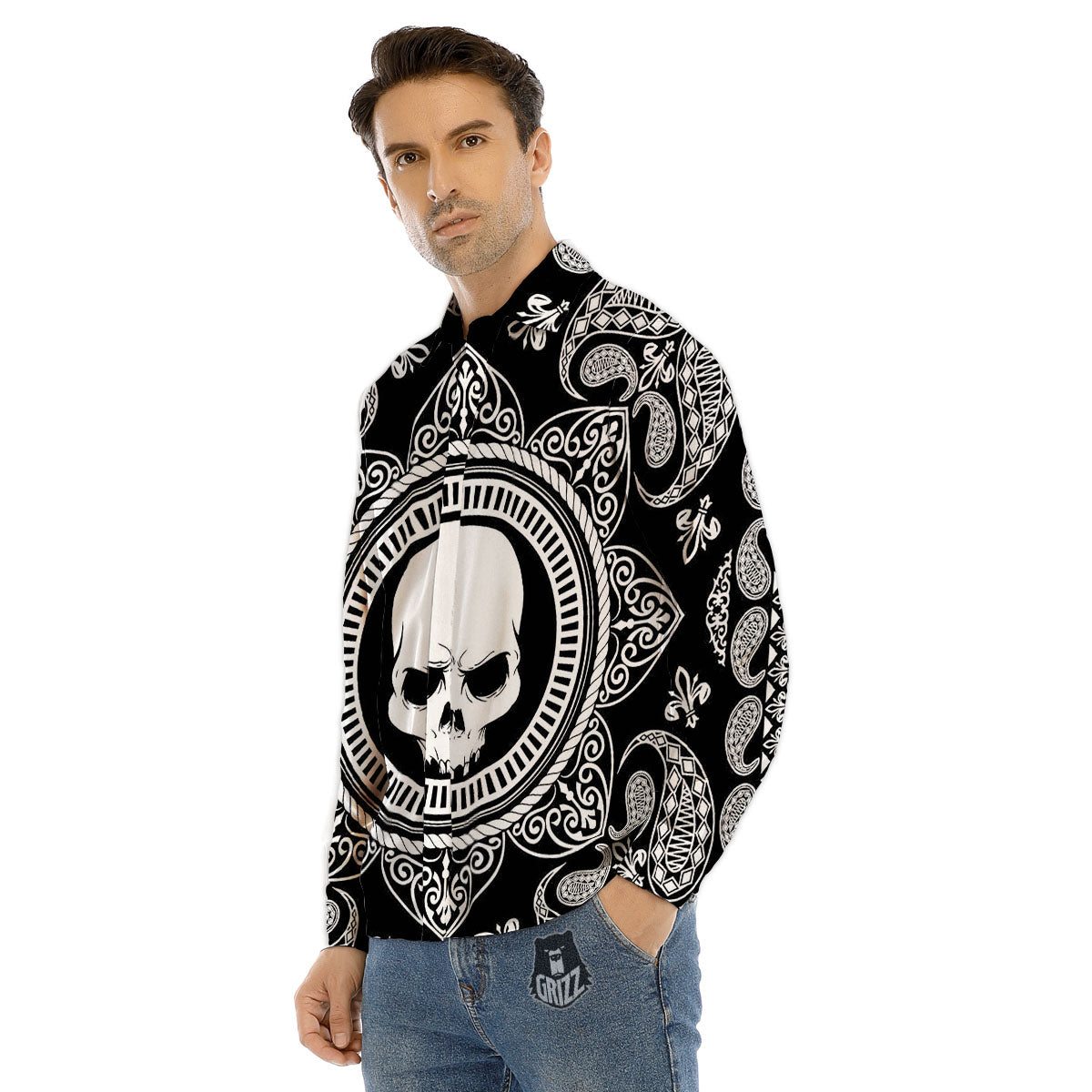 Black Skull Bandana Print Men's Dress Shirts-grizzshop