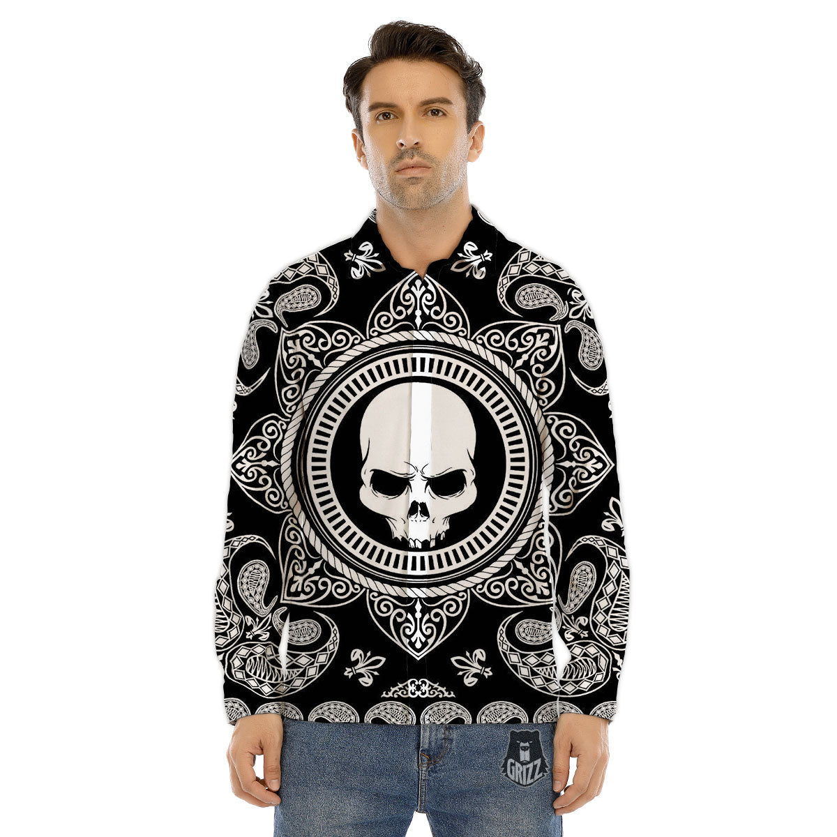 Black Skull Bandana Print Men's Dress Shirts-grizzshop