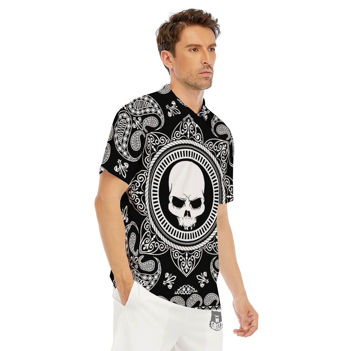 Black Skull Bandana Print Men's Golf Shirts-grizzshop