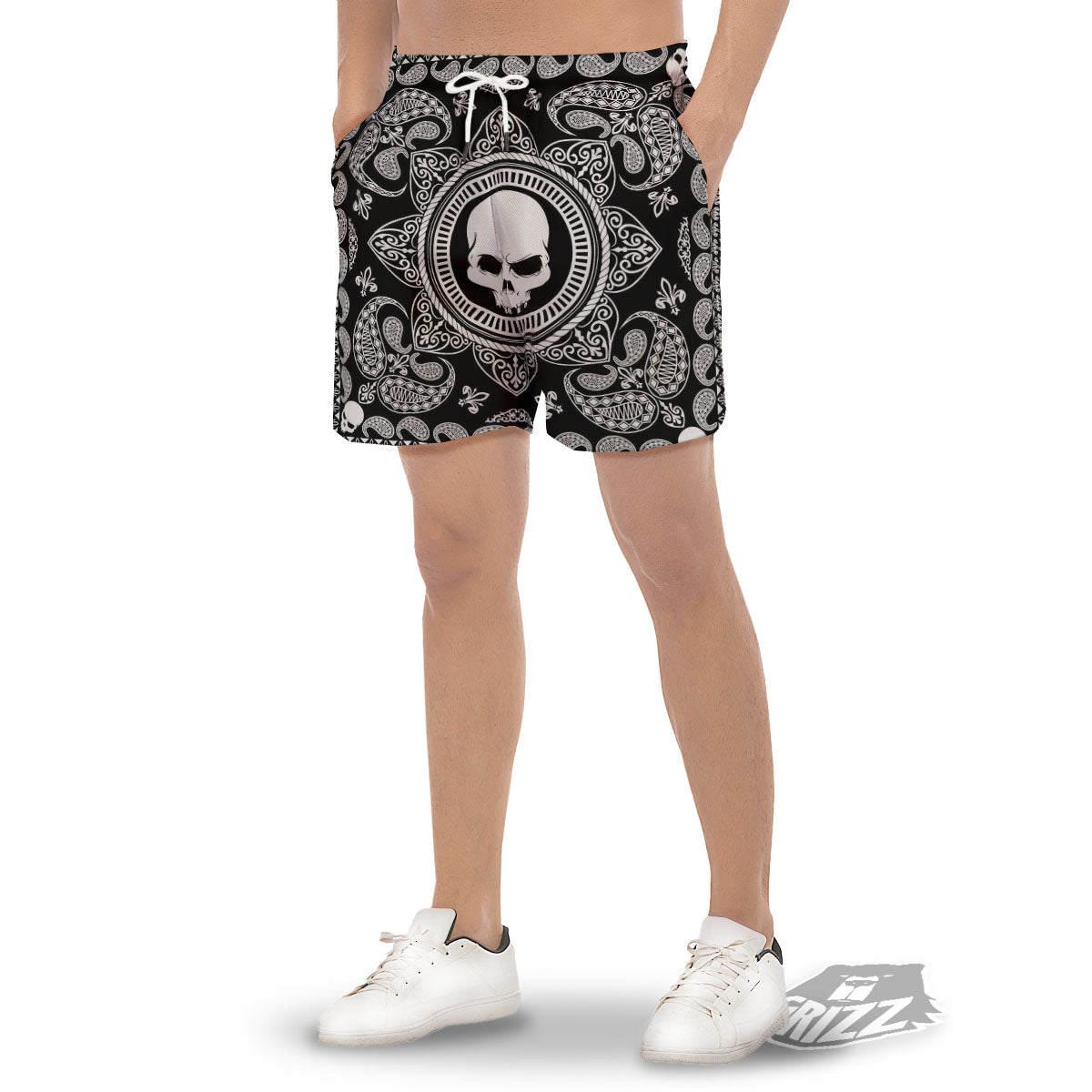 Black Skull Bandana Print Men's Gym Shorts-grizzshop