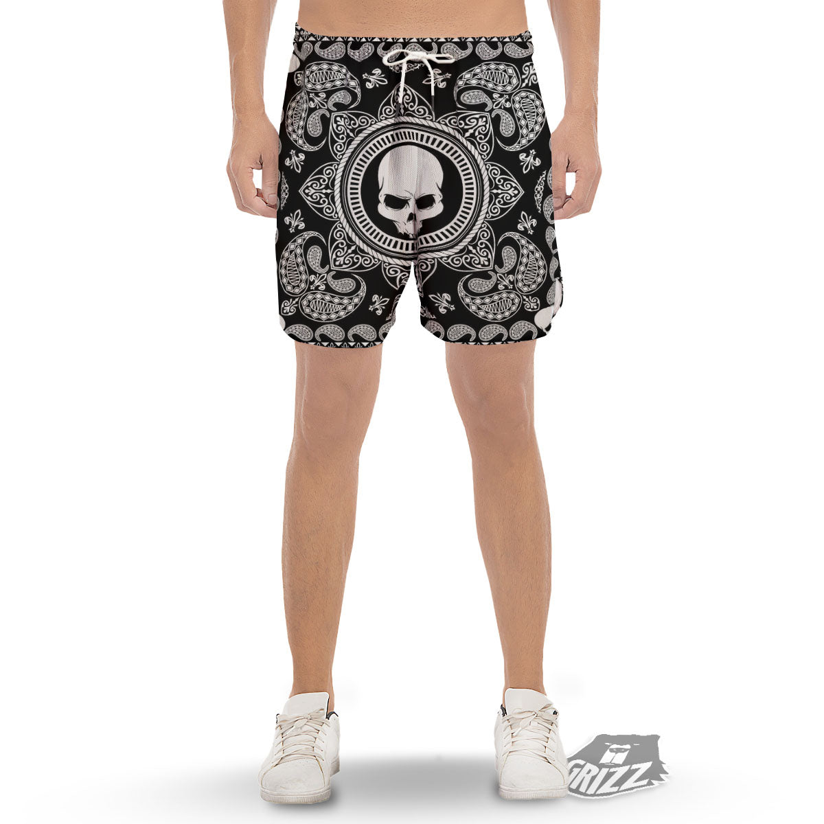 Black Skull Bandana Print Men's Gym Shorts-grizzshop