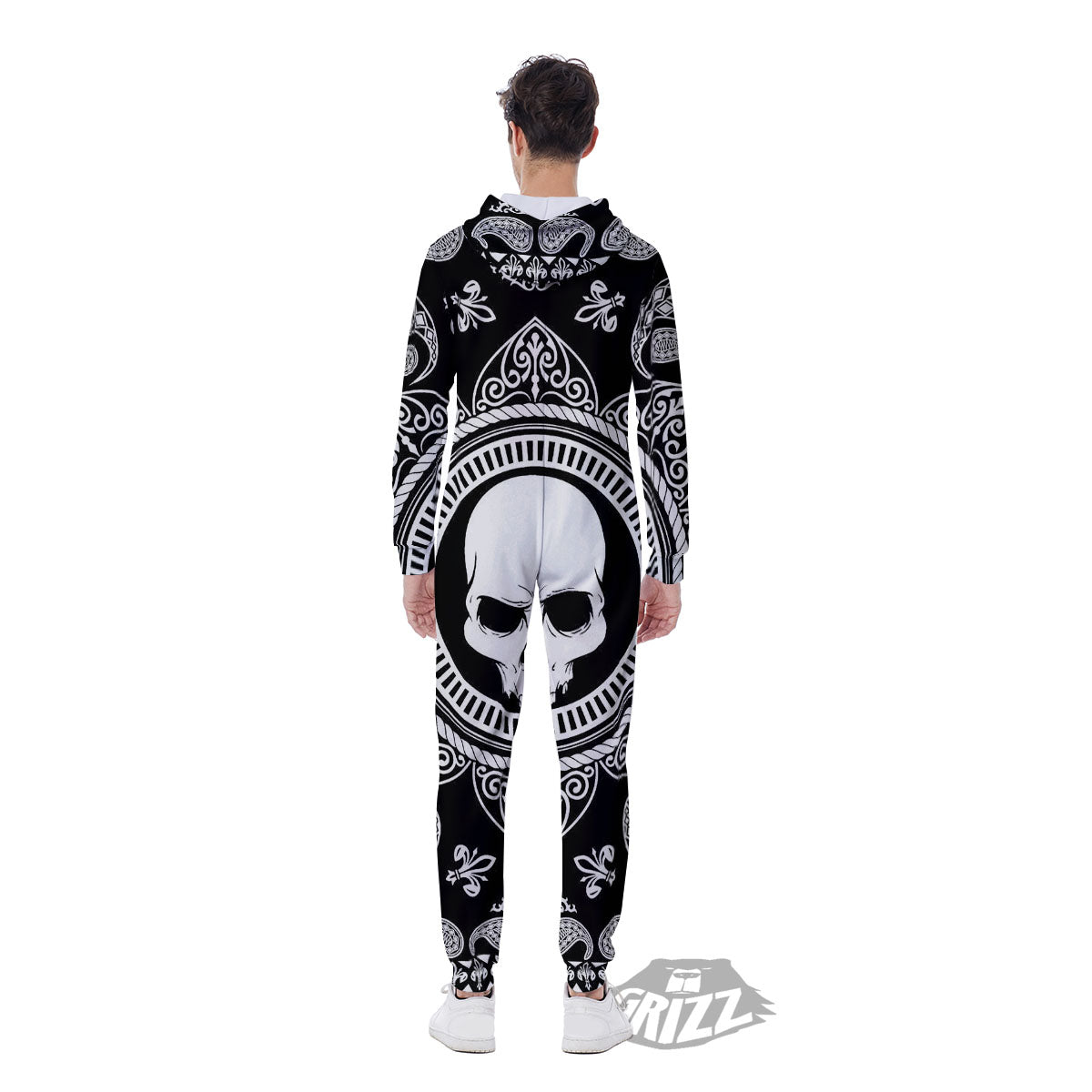 Black Skull Bandana Print Men's Jumpsuit-grizzshop
