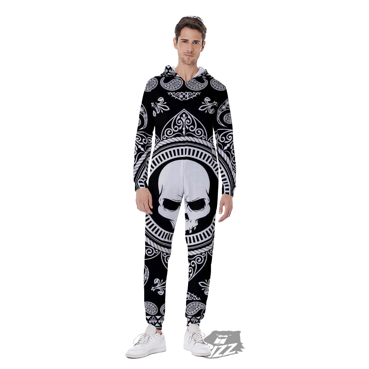 Black Skull Bandana Print Men's Jumpsuit-grizzshop