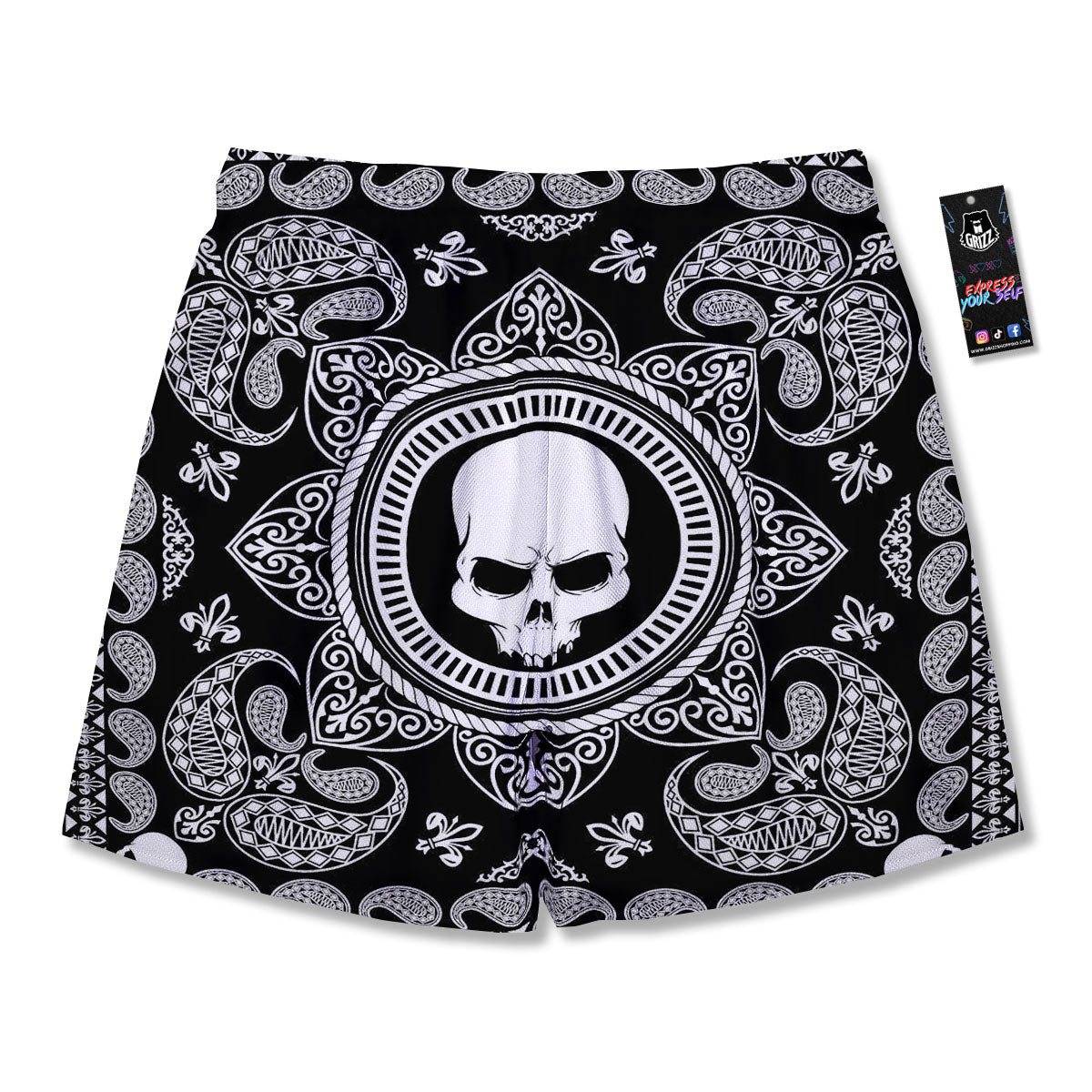 Black Skull Bandana Print Men's Running Shorts-grizzshop