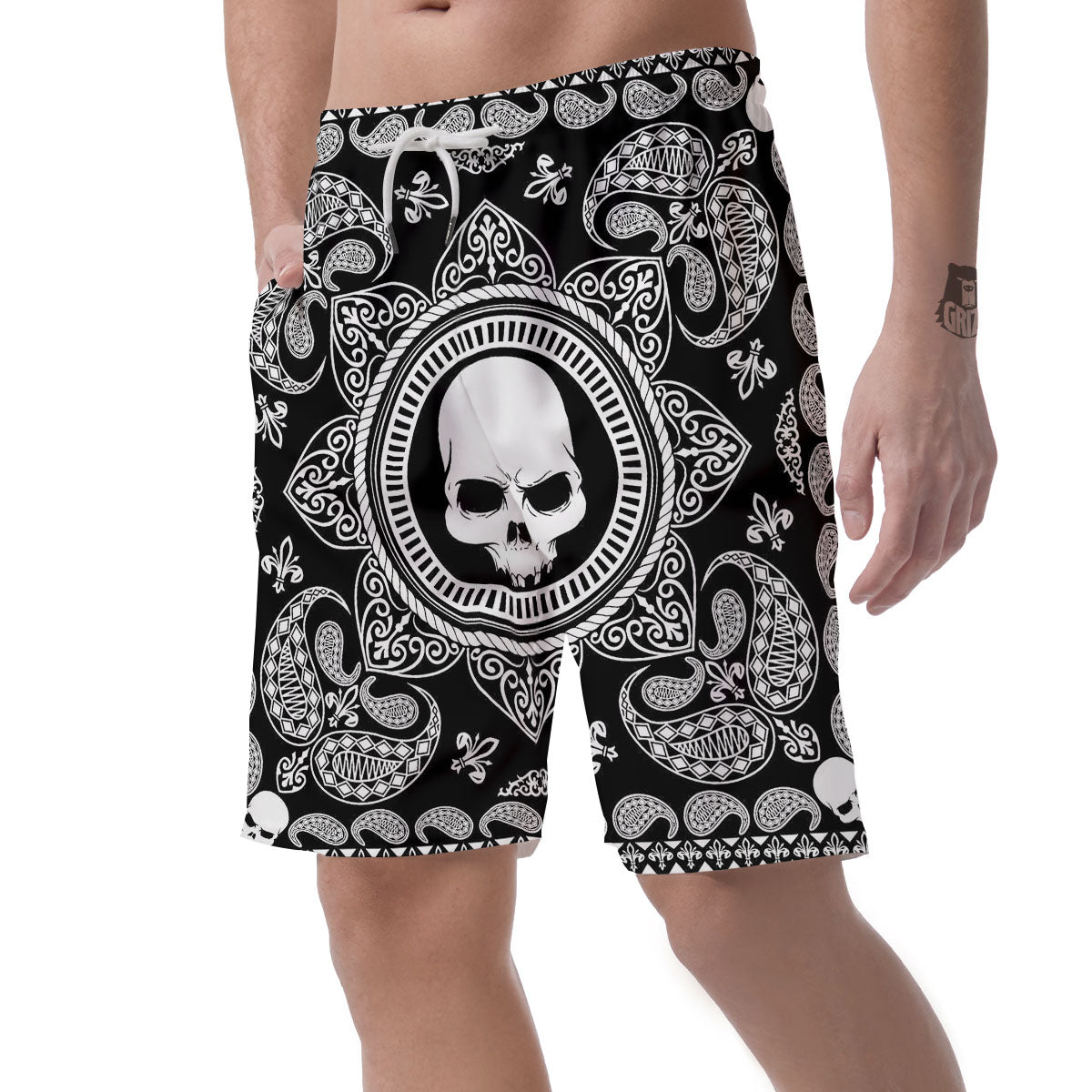 Black Skull Bandana Print Men's Shorts-grizzshop