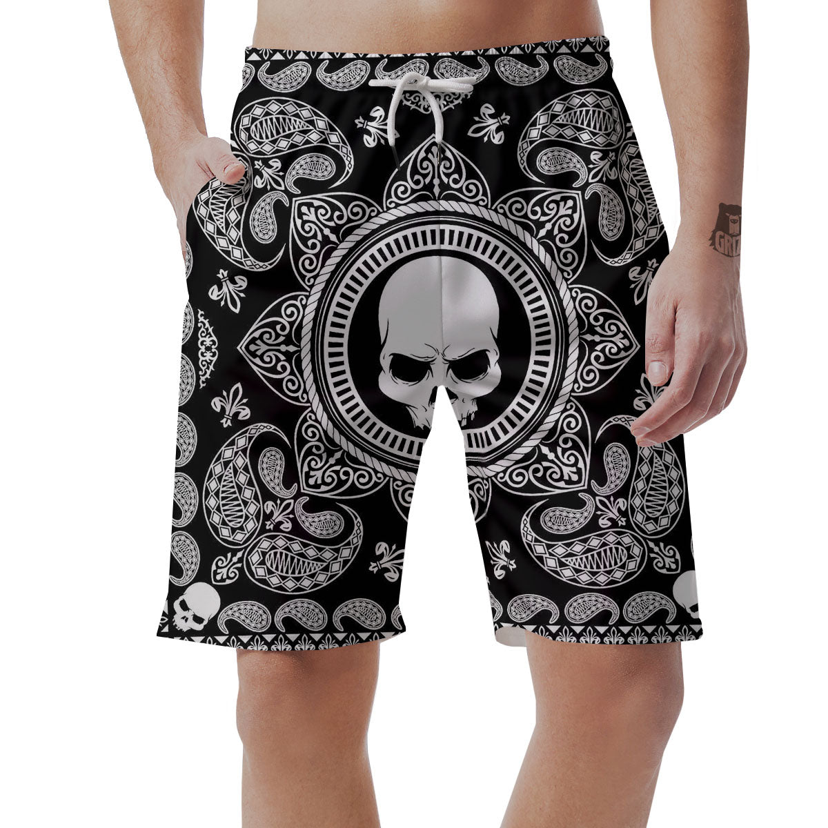 Black Skull Bandana Print Men's Shorts-grizzshop