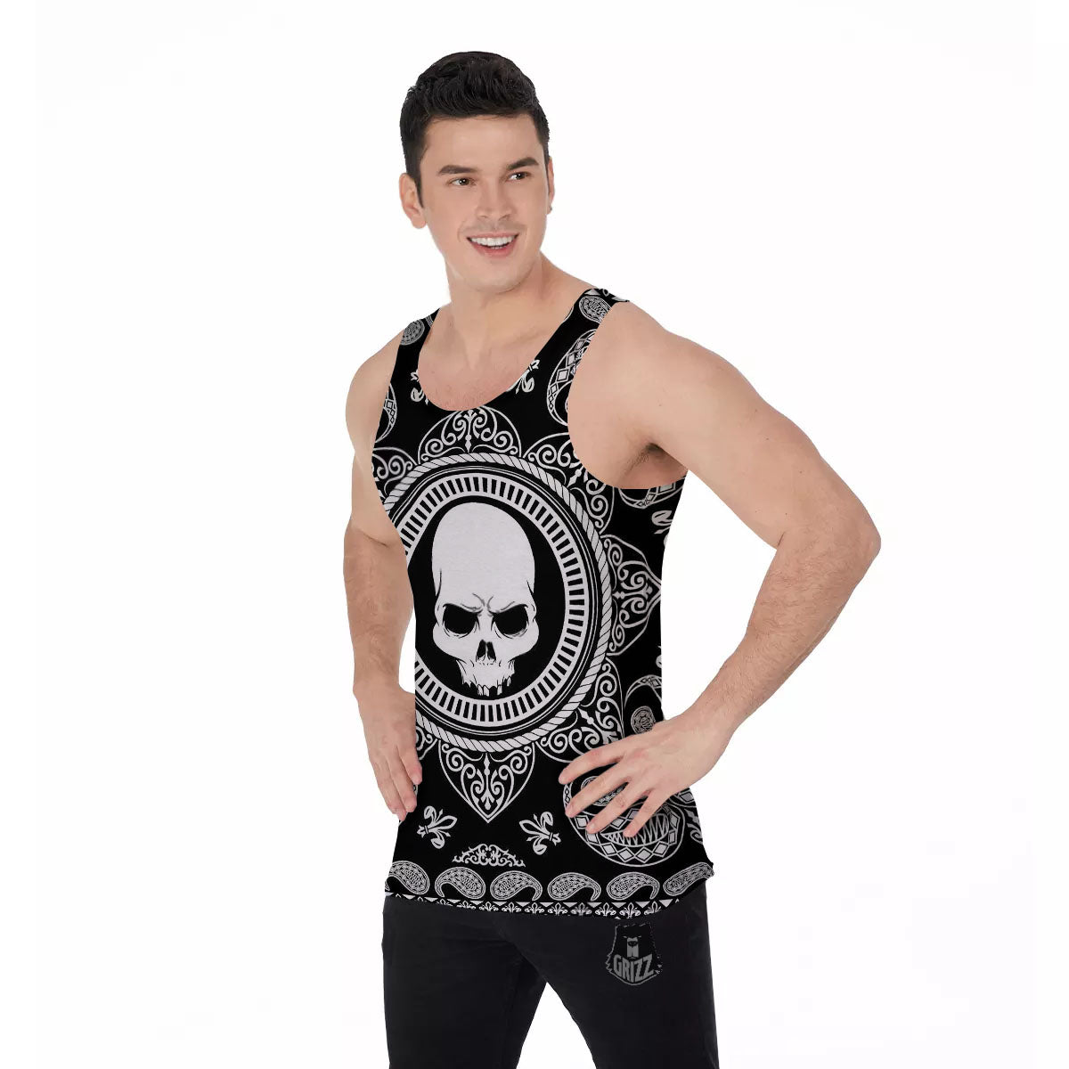 Black Skull Bandana Print Men's Tank Top-grizzshop