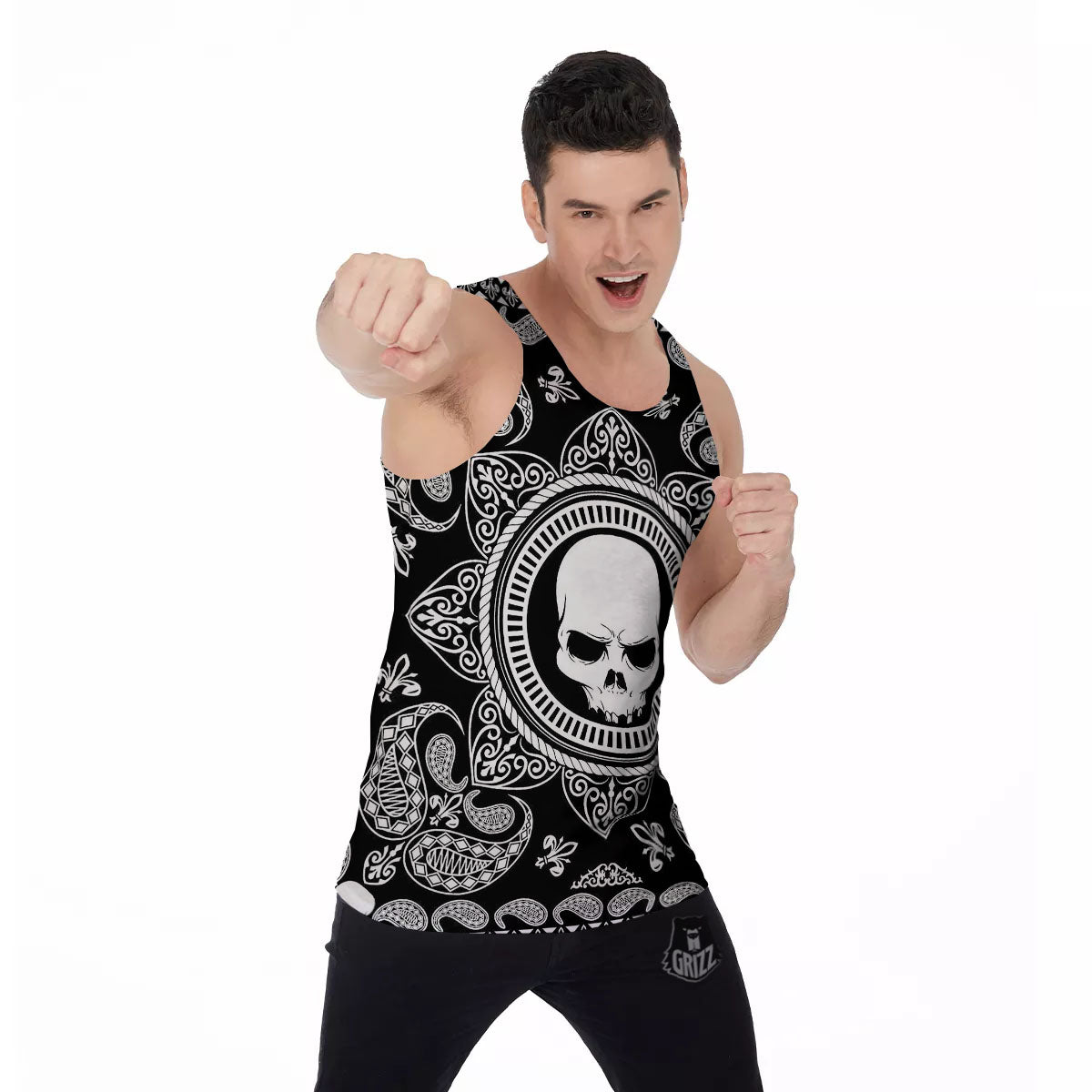 Black Skull Bandana Print Men's Tank Top-grizzshop