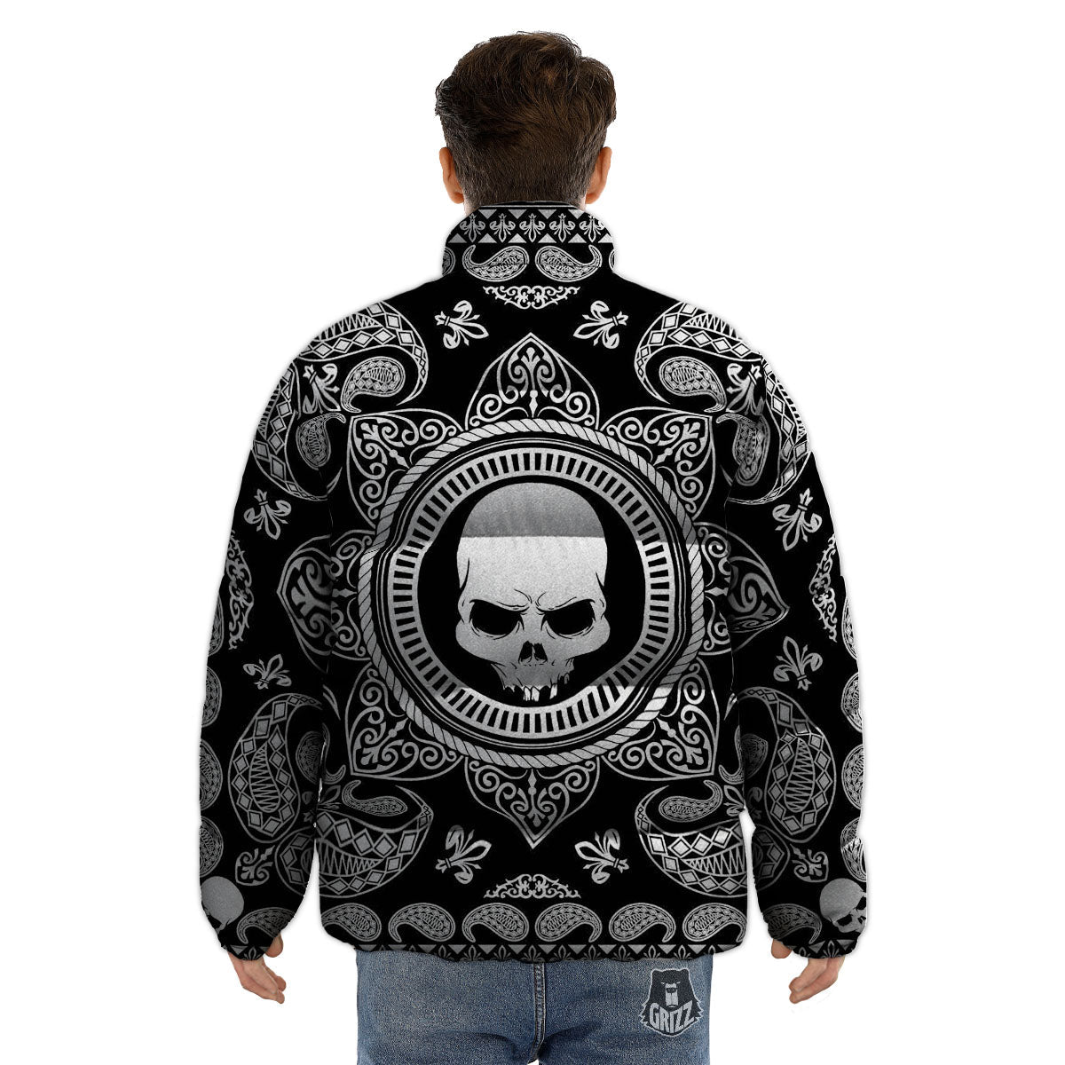 Black Skull Bandana Print Puffer Jacket-grizzshop