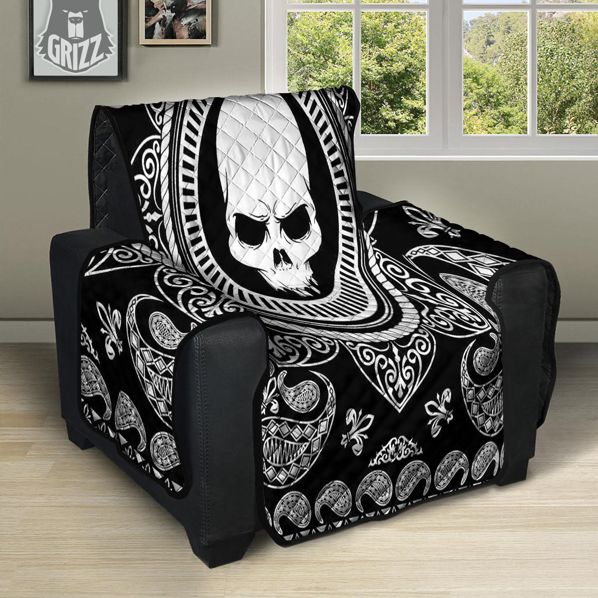 Black Skull Bandana Print Recliner Protector-grizzshop