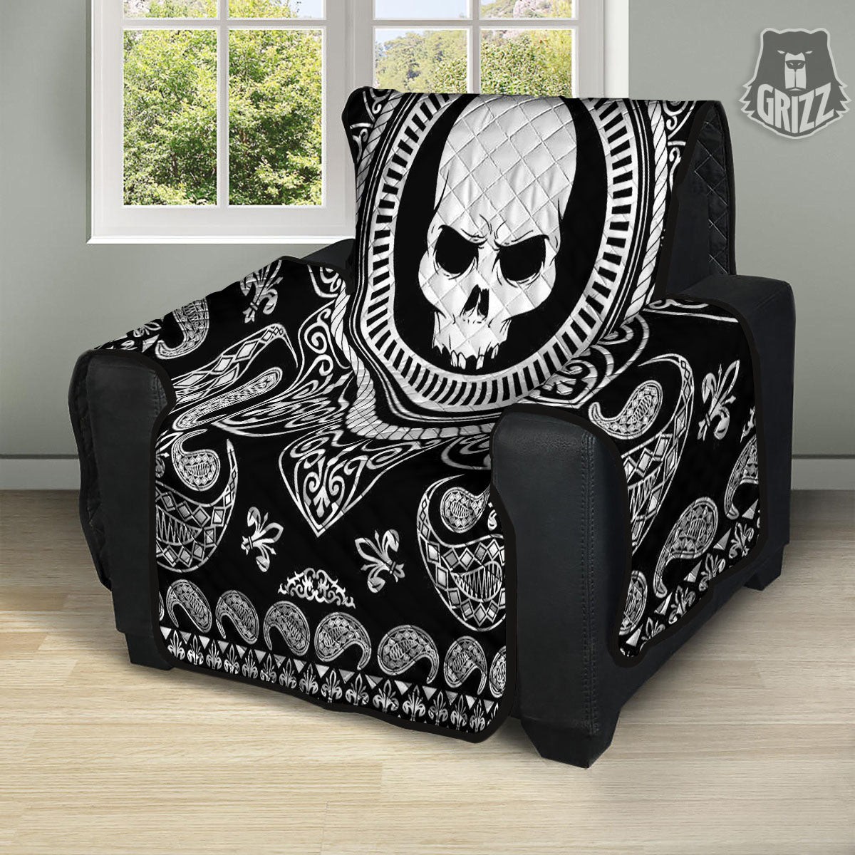 Black Skull Bandana Print Recliner Protector-grizzshop