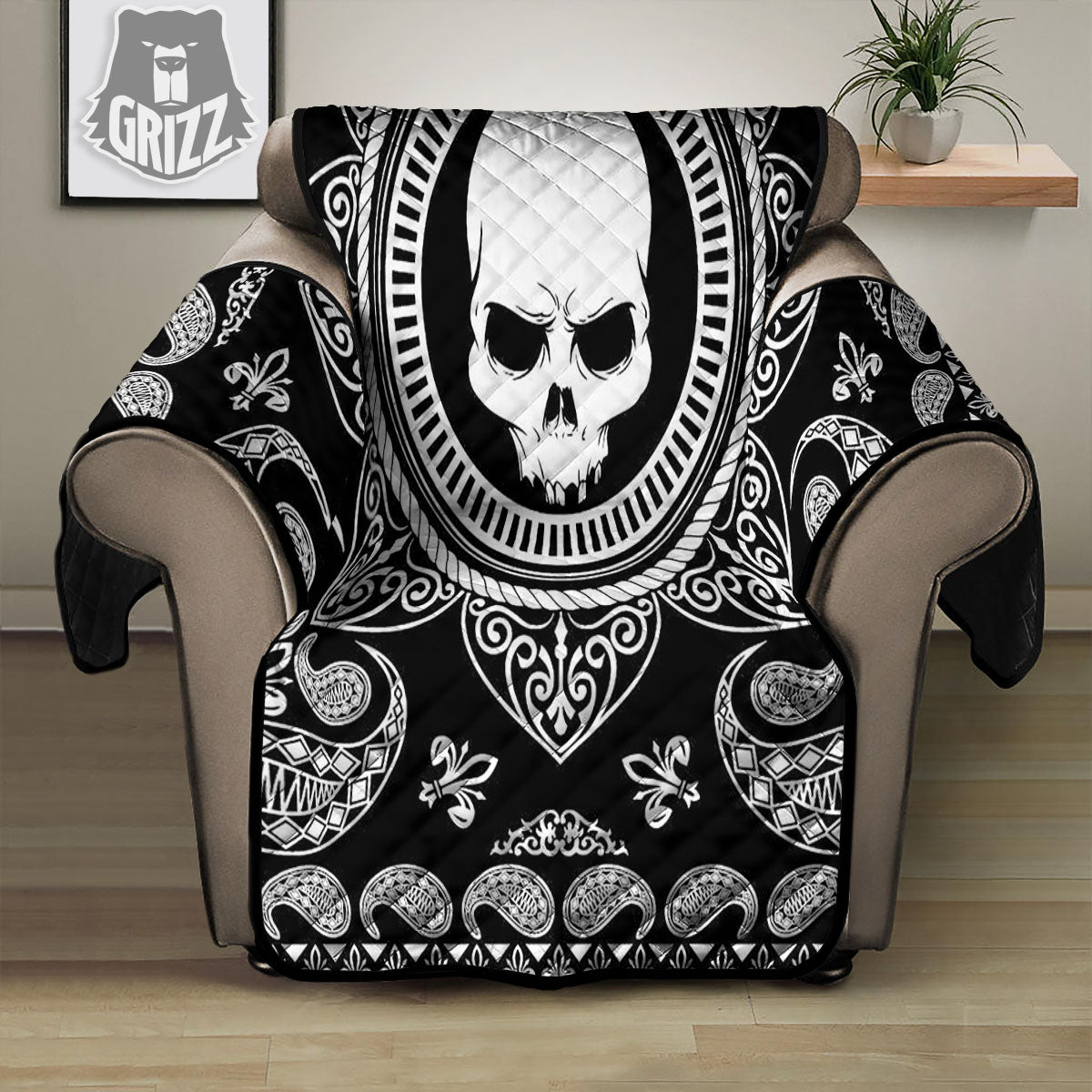 Black Skull Bandana Print Recliner Protector-grizzshop