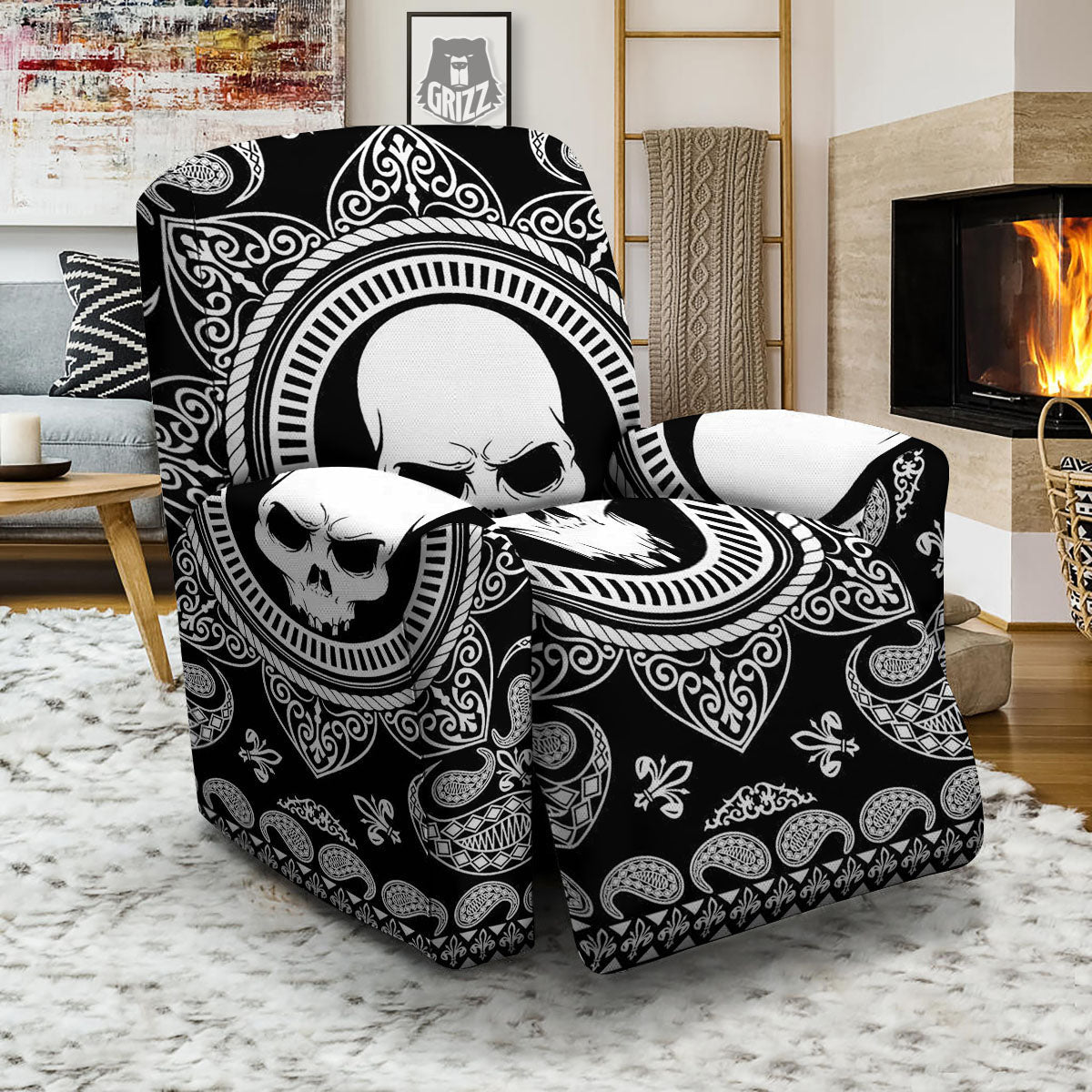 Black Skull Bandana Print Recliner Slipcover-grizzshop