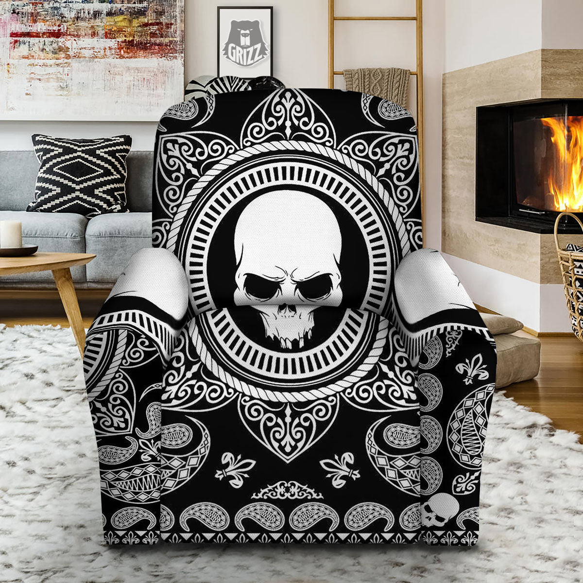 Black Skull Bandana Print Recliner Slipcover-grizzshop