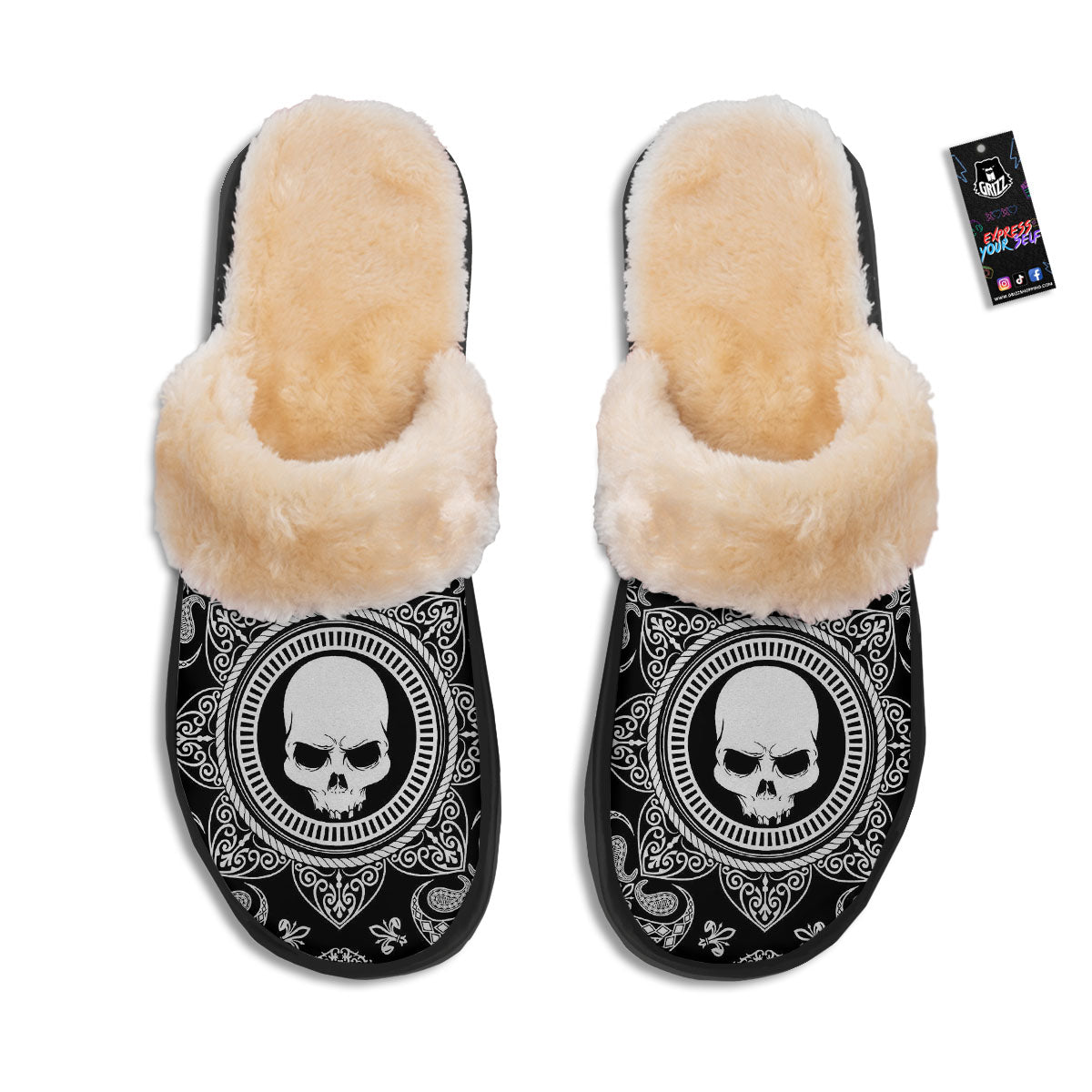 Black Skull Bandana Print Slippers-grizzshop