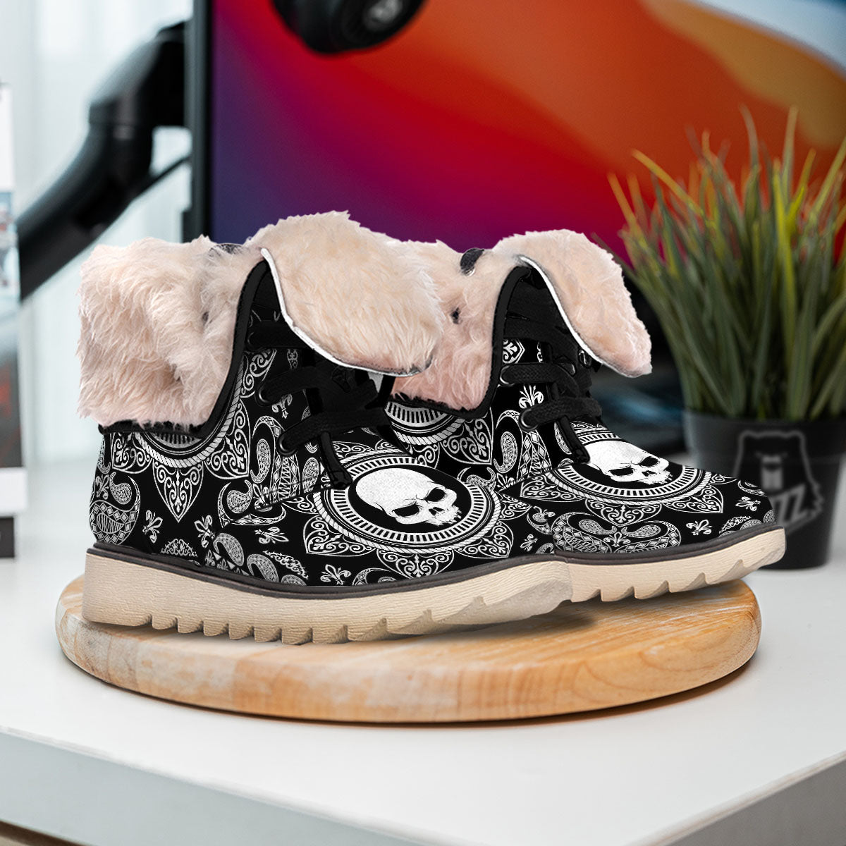 Black Skull Bandana Print Snow Boots-grizzshop