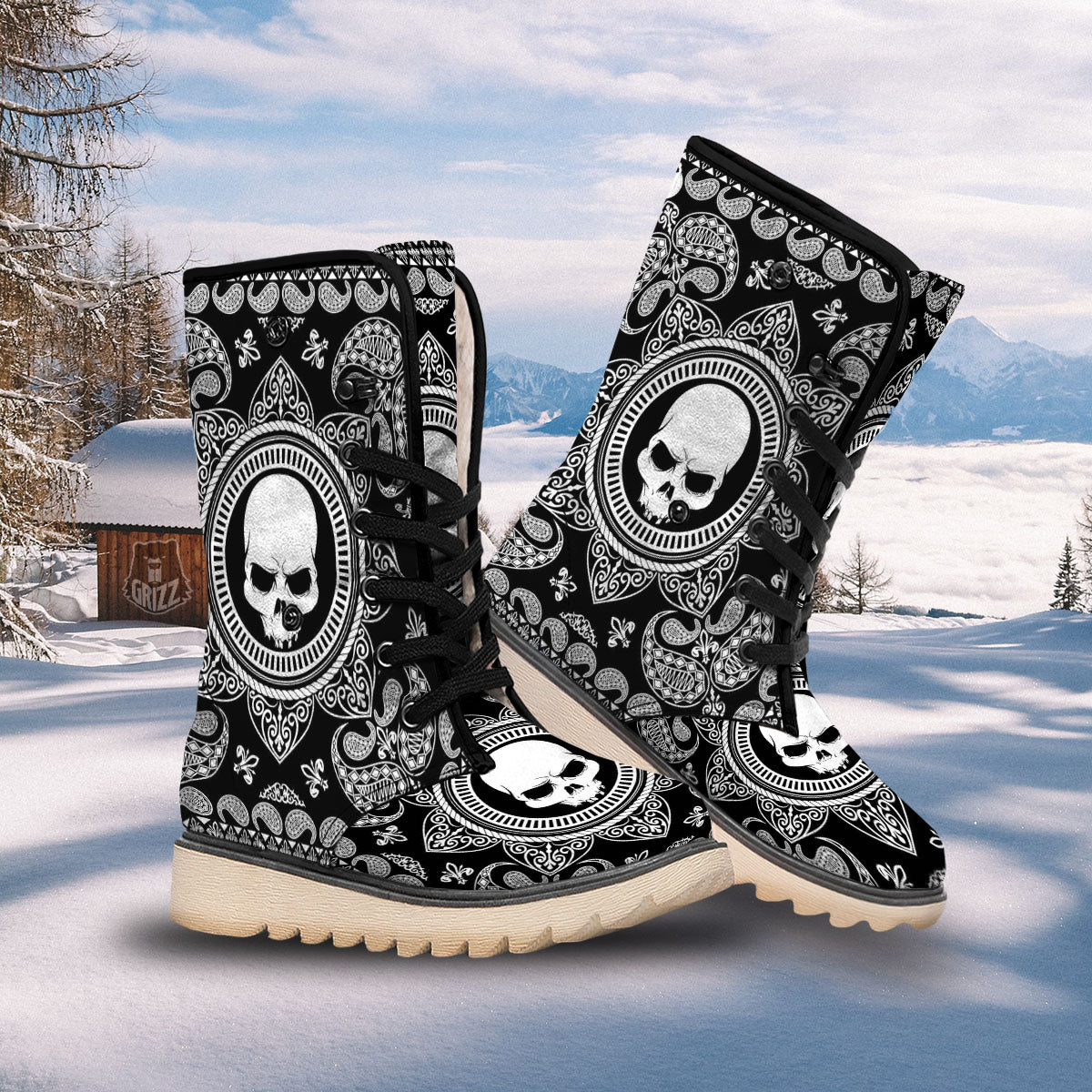 Black Skull Bandana Print Snow Boots-grizzshop