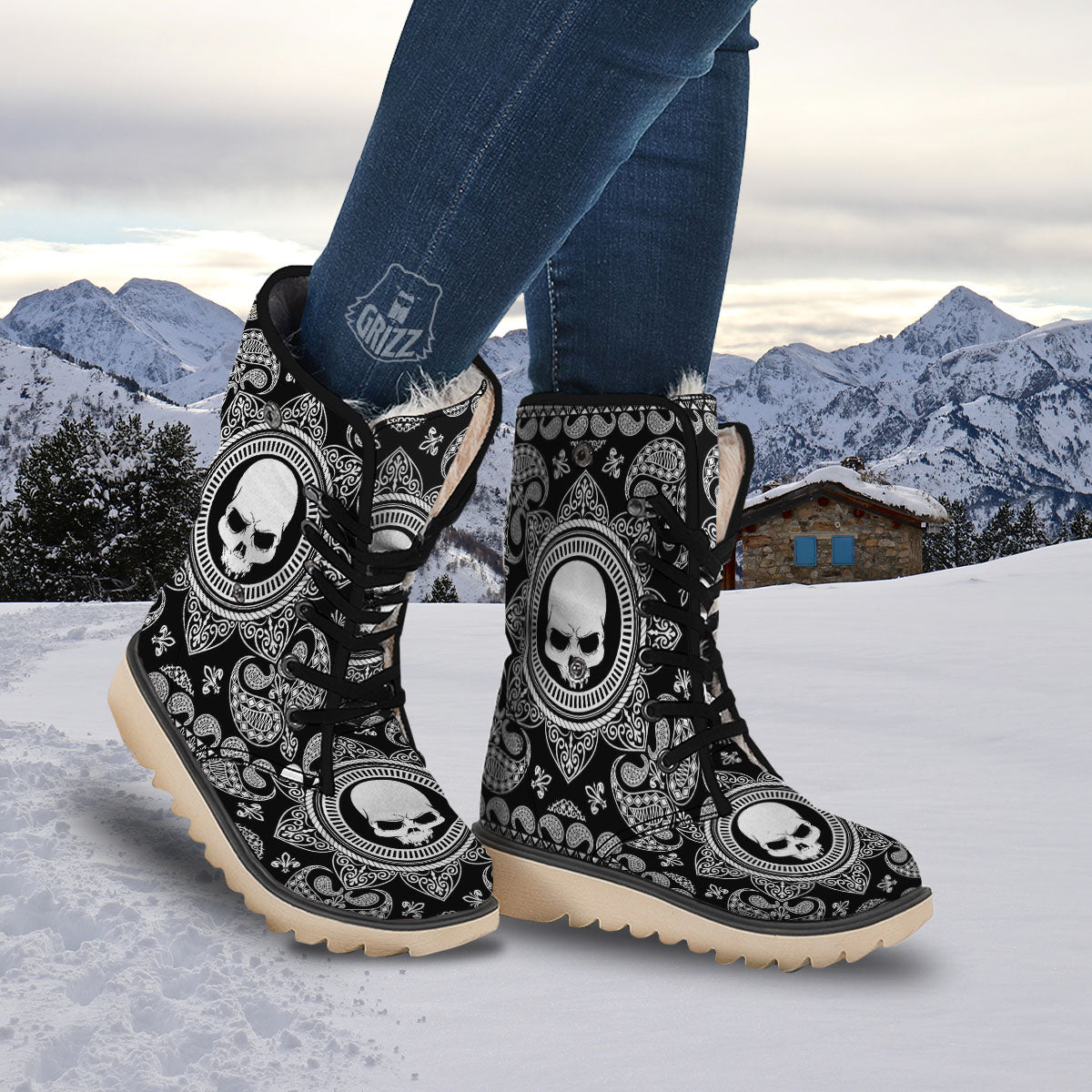 Black Skull Bandana Print Snow Boots-grizzshop