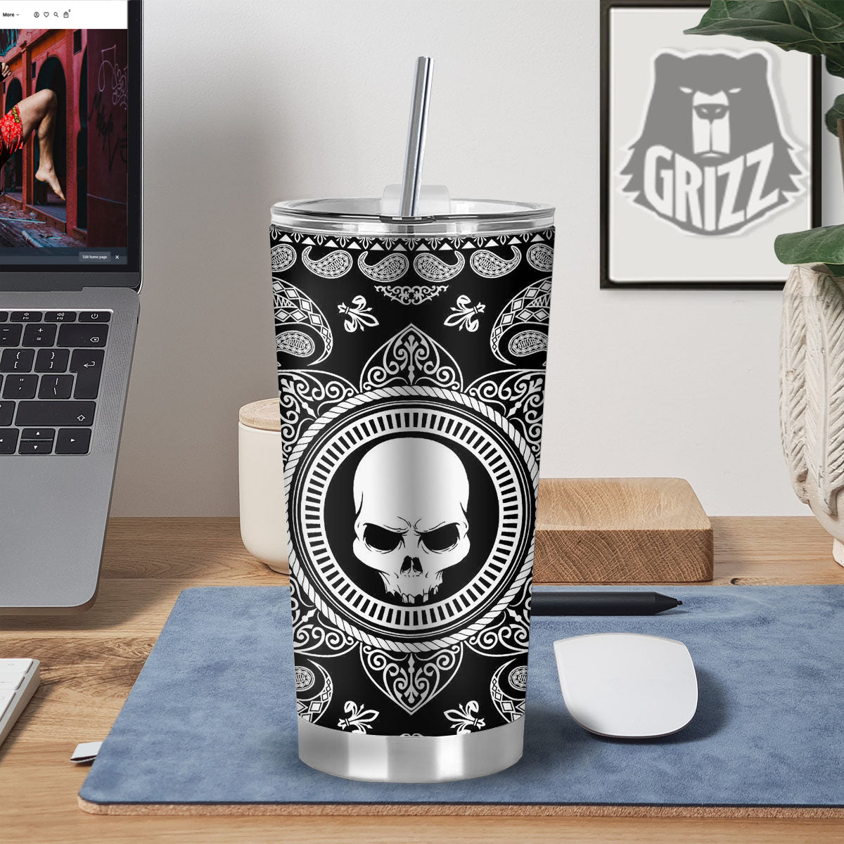 Black Skull Bandana Print Tumbler-grizzshop