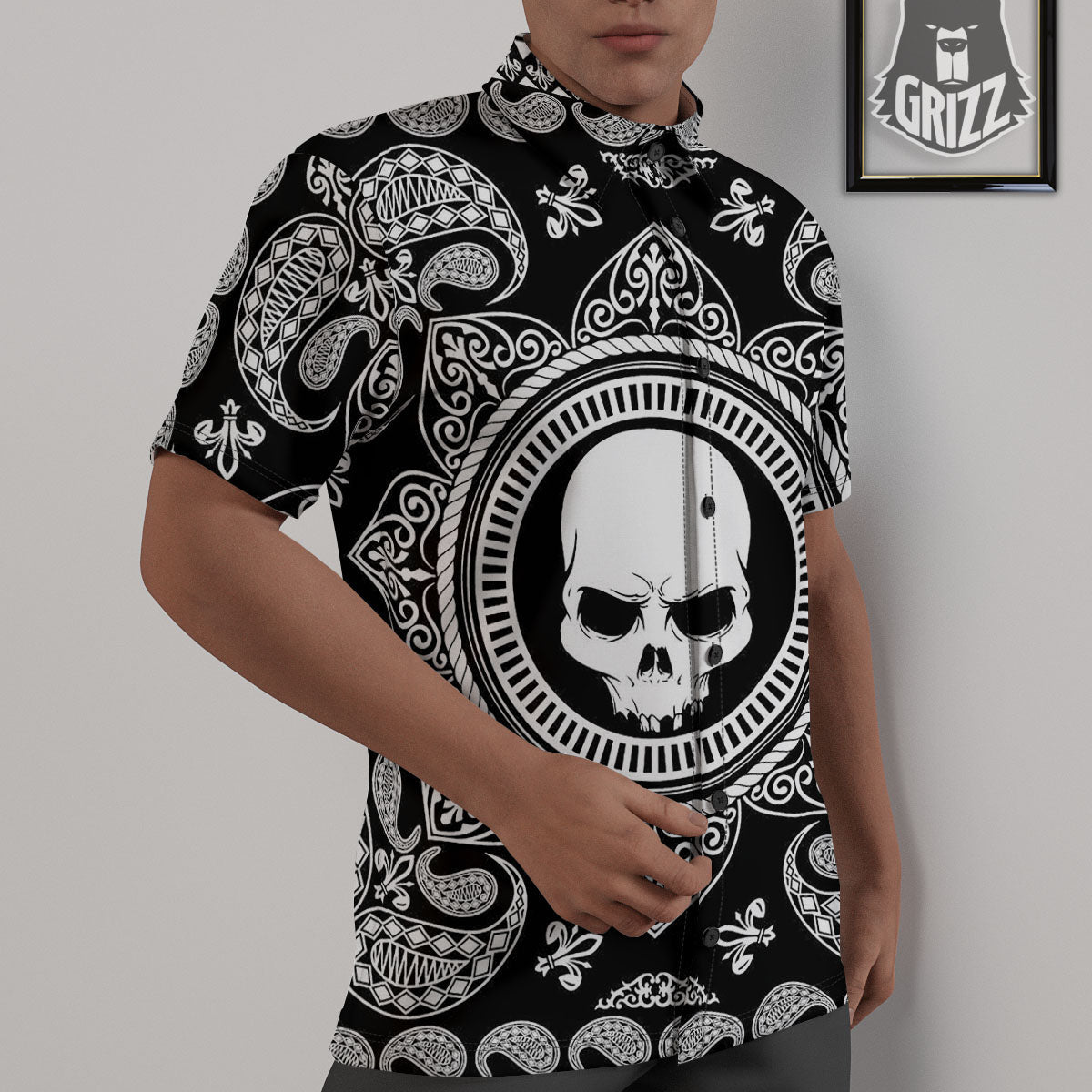 Black Skull Bandana Print Untucked Shirts-grizzshop