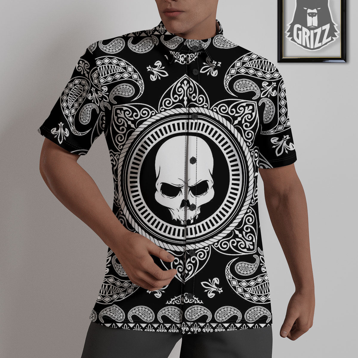 Black Skull Bandana Print Untucked Shirts-grizzshop