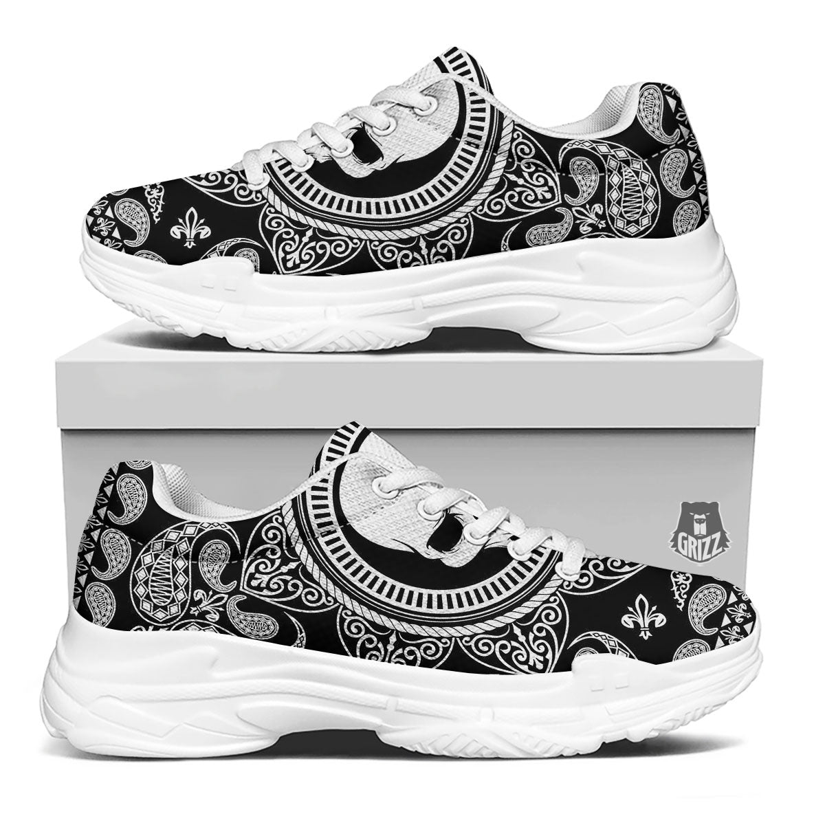 Black Skull Bandana Print White Chunky Shoes-grizzshop