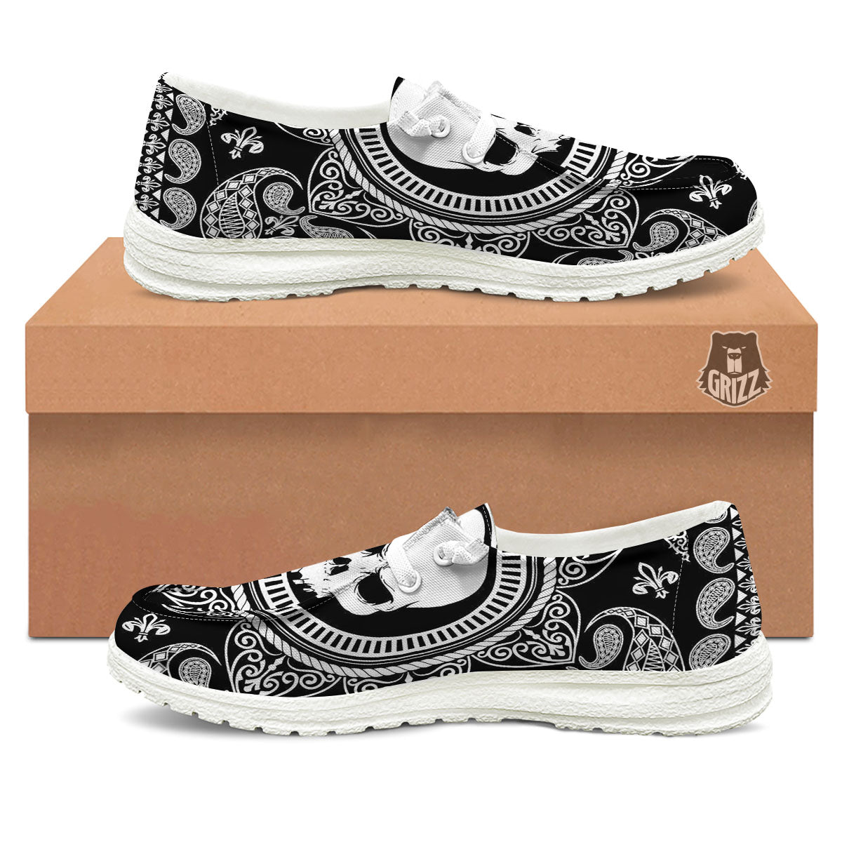 Black Skull Bandana Print White Loafers-grizzshop