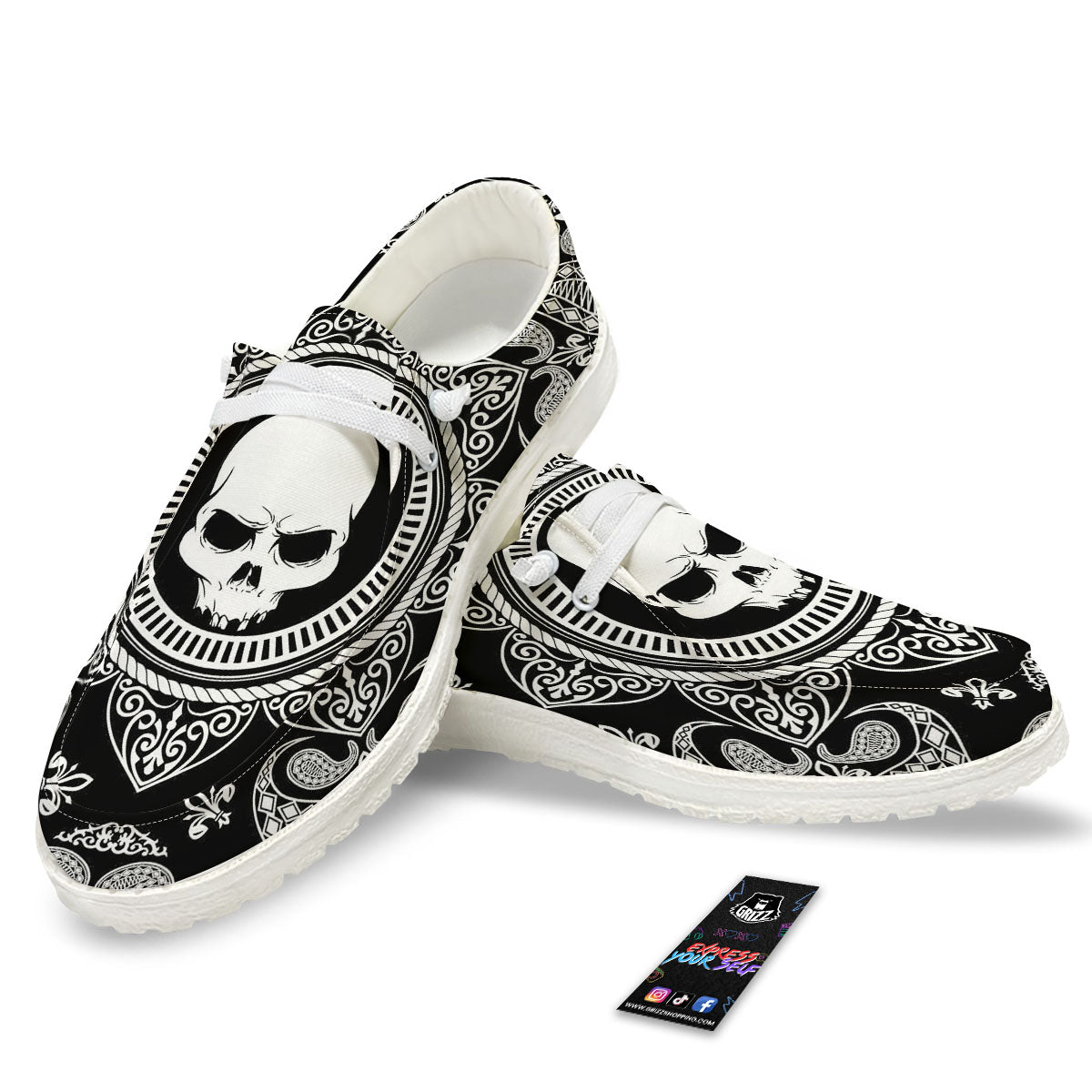 Black Skull Bandana Print White Loafers-grizzshop