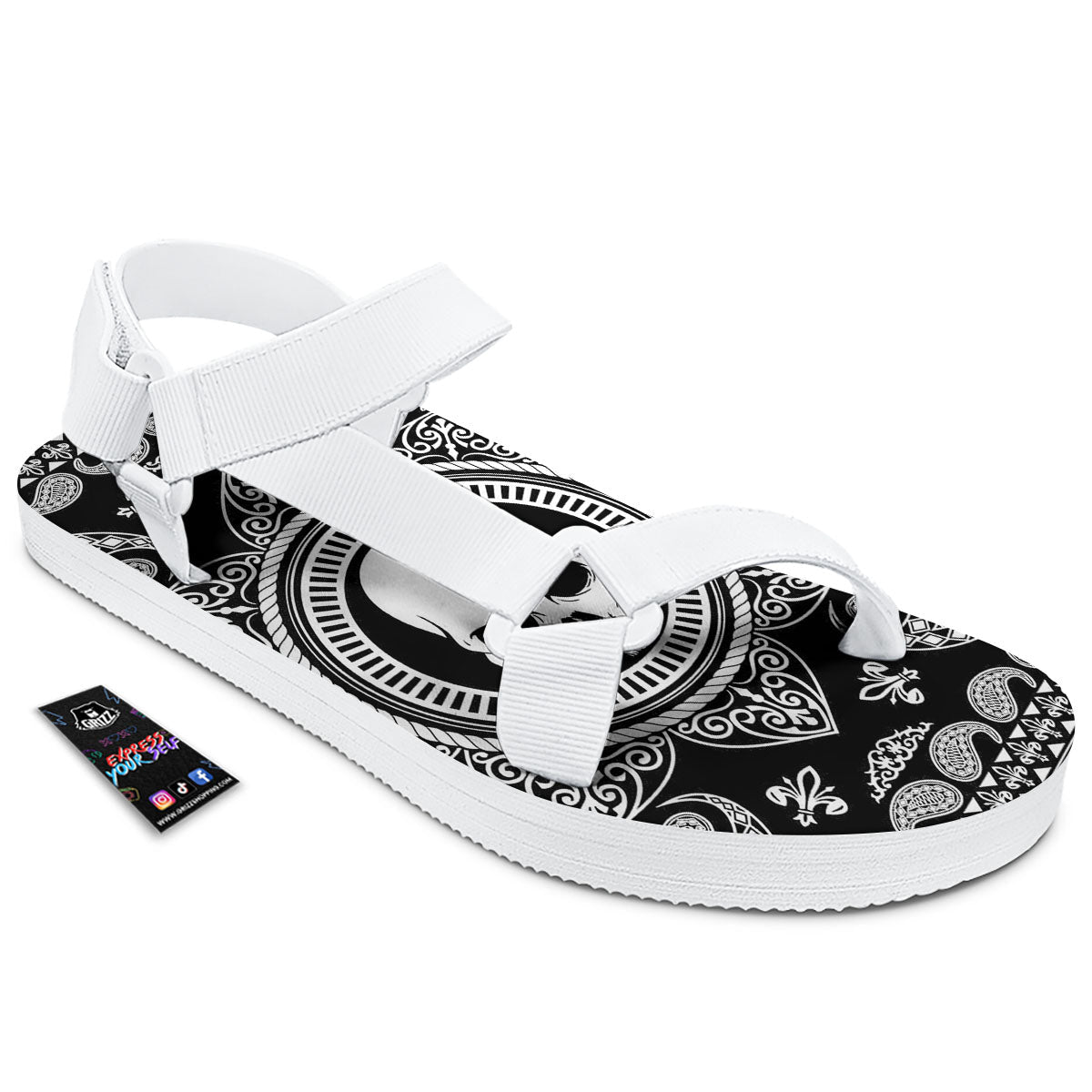 Black Skull Bandana Print White Open Toe Sandals-grizzshop