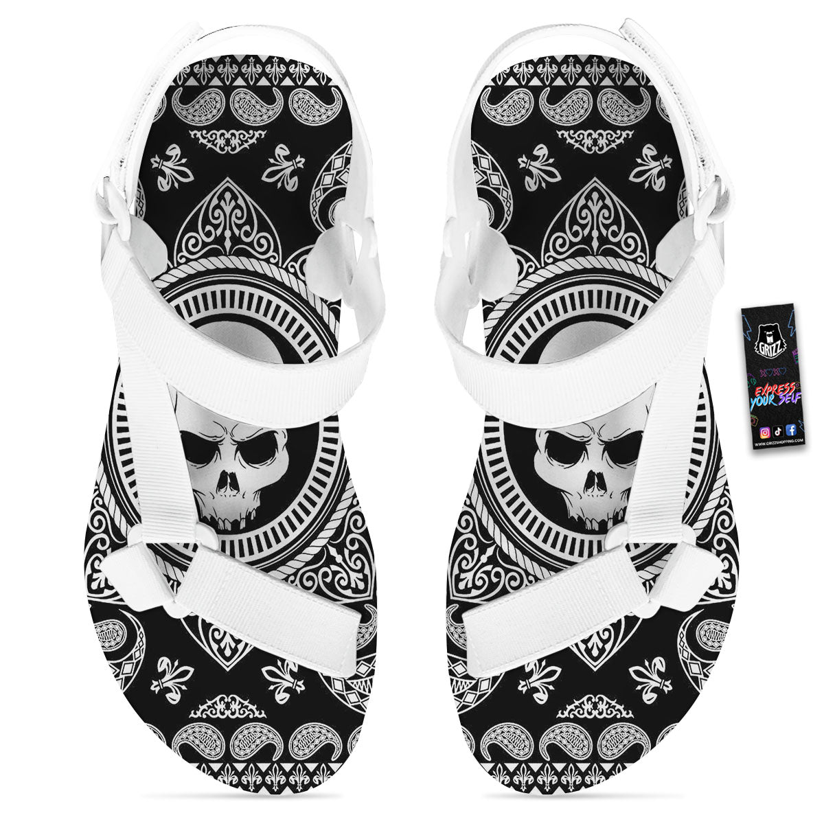 Black Skull Bandana Print White Open Toe Sandals-grizzshop