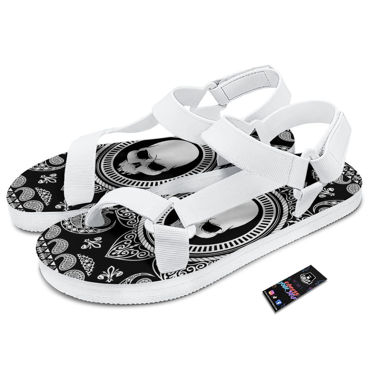 Black Skull Bandana Print White Open Toe Sandals-grizzshop