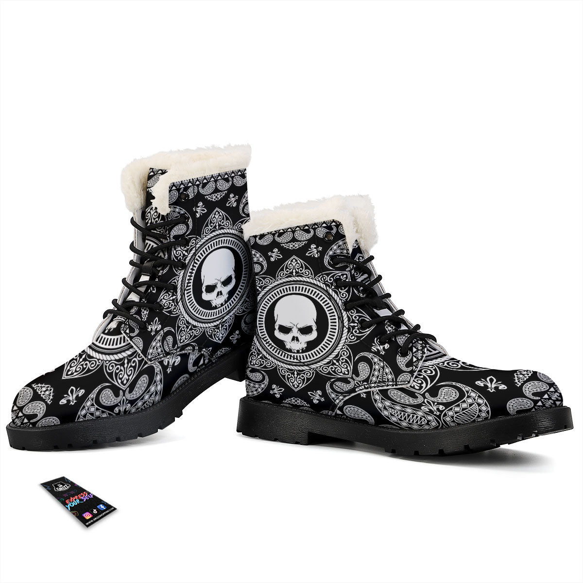 Black Skull Bandana Print Winter Boots-grizzshop