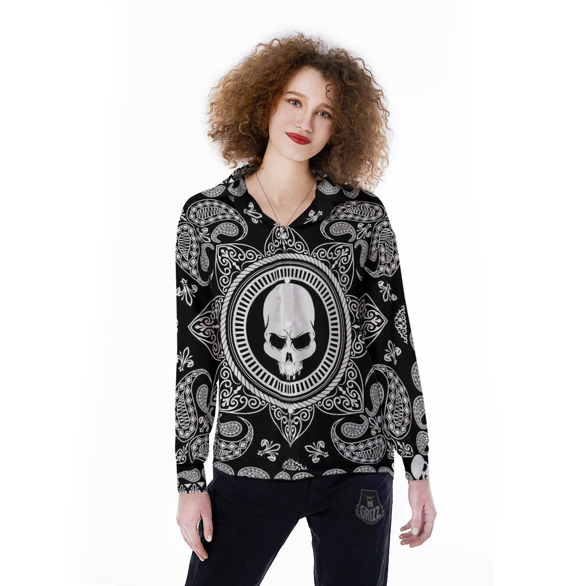 Black Skull Bandana Print Women's Long Sleeve Shirts-grizzshop