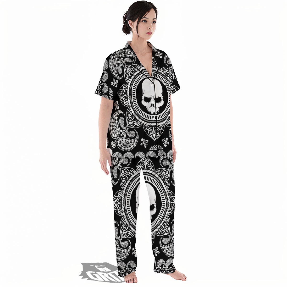 Black Skull Bandana Print Women's Pajamas Set-grizzshop