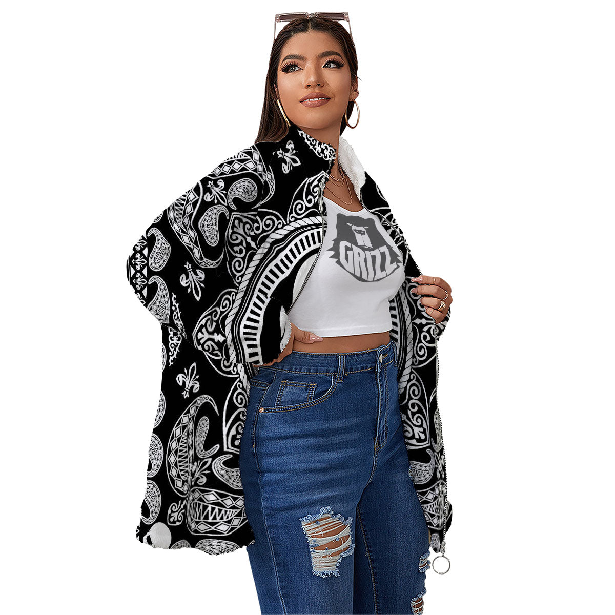 Black Skull Bandana Print Women's Sherpa Jacket-grizzshop