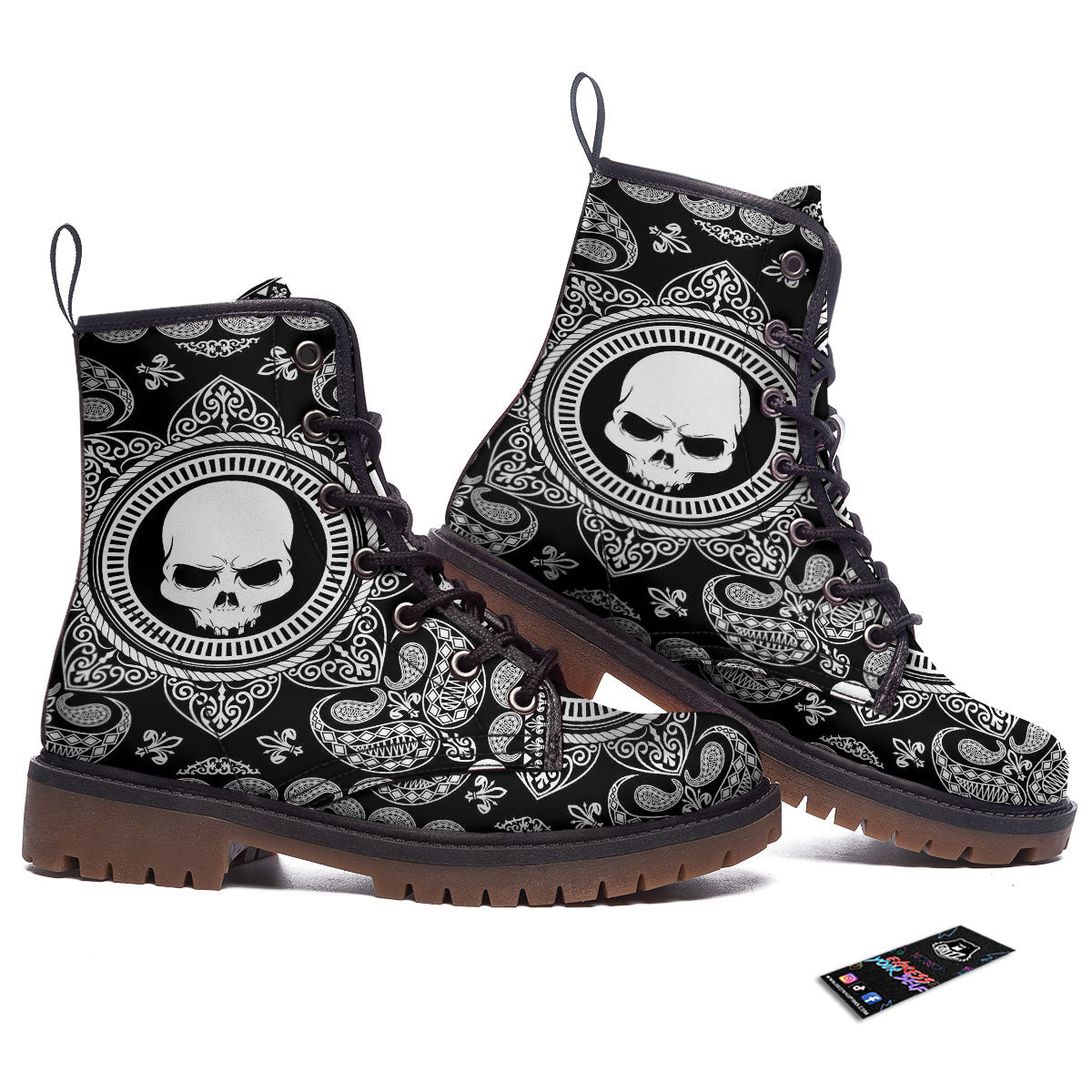 Black Skull Bandana Print Work Boots-grizzshop