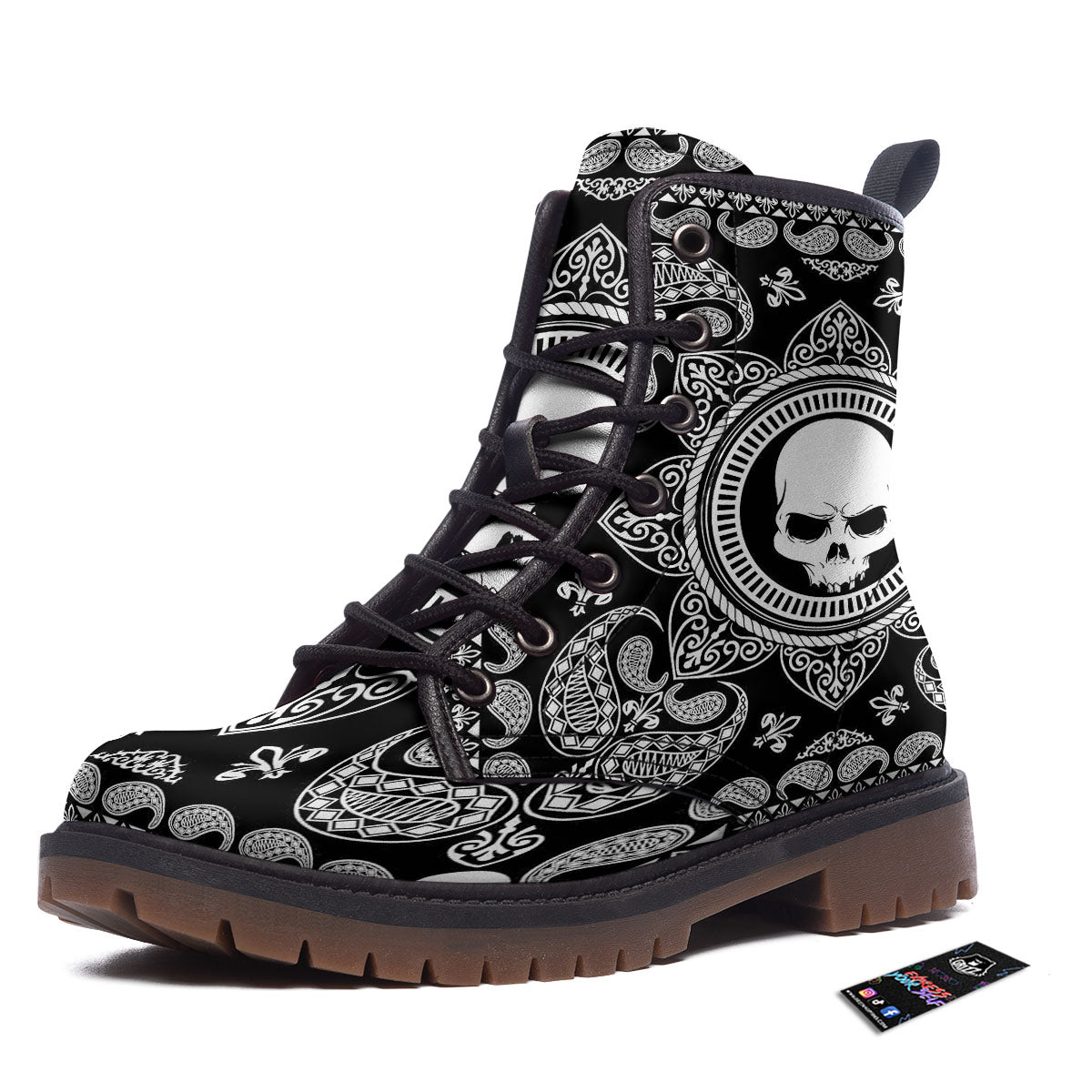 Black Skull Bandana Print Work Boots-grizzshop