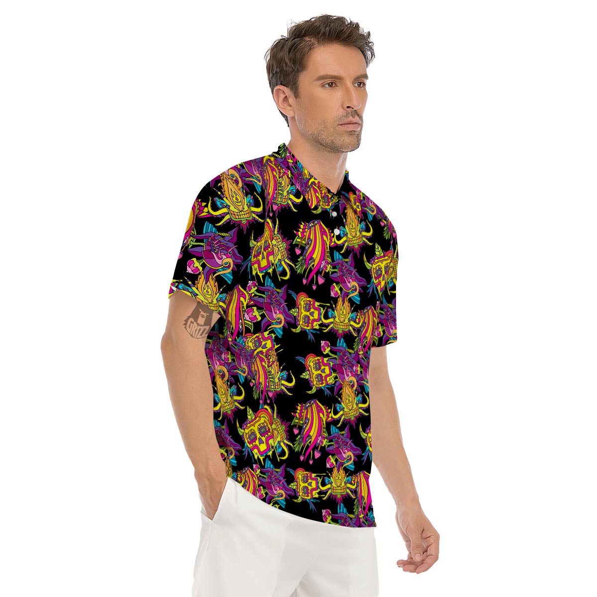 Black Skull Trippy Psychedelic Men's Golf Shirts-grizzshop