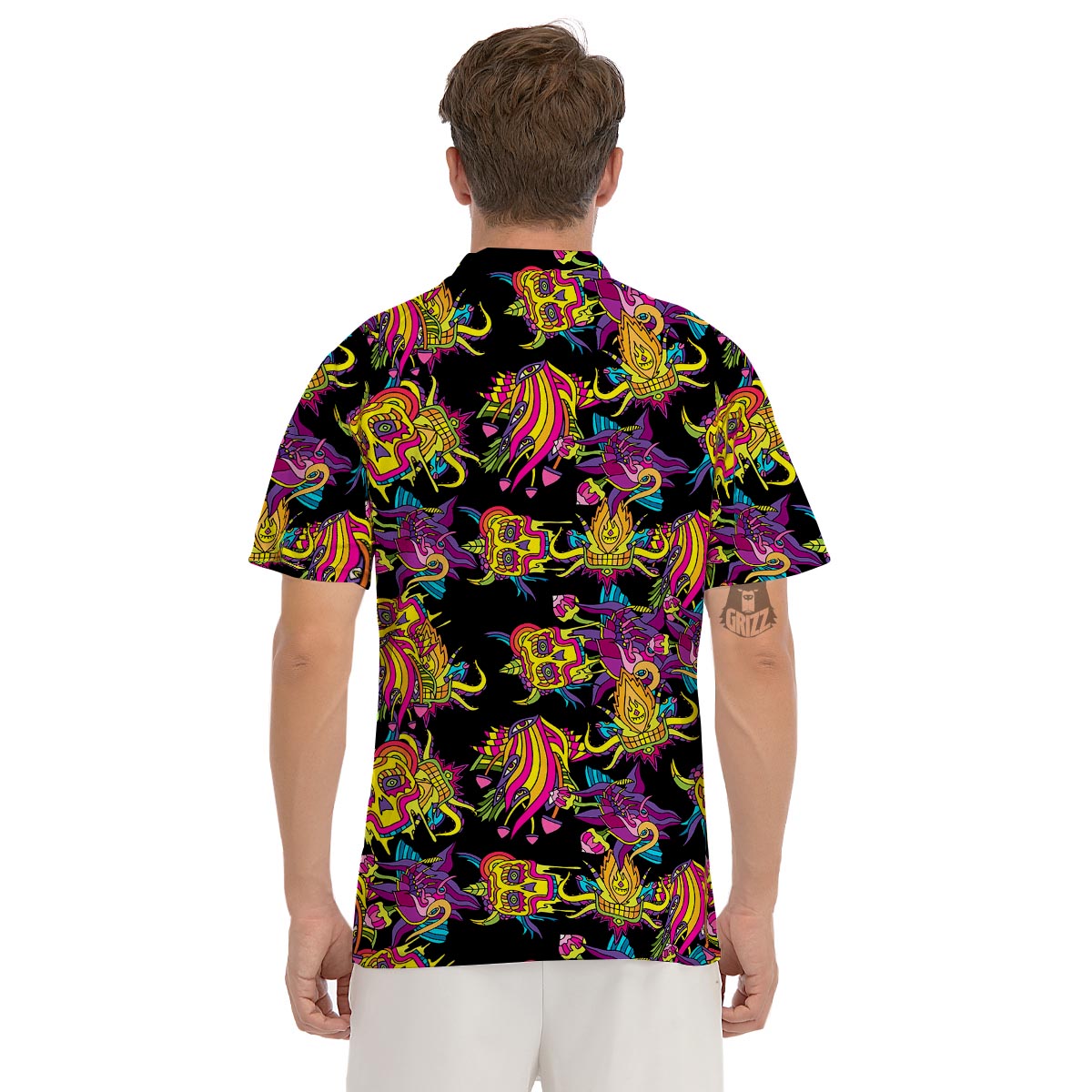 Black Skull Trippy Psychedelic Men's Golf Shirts-grizzshop