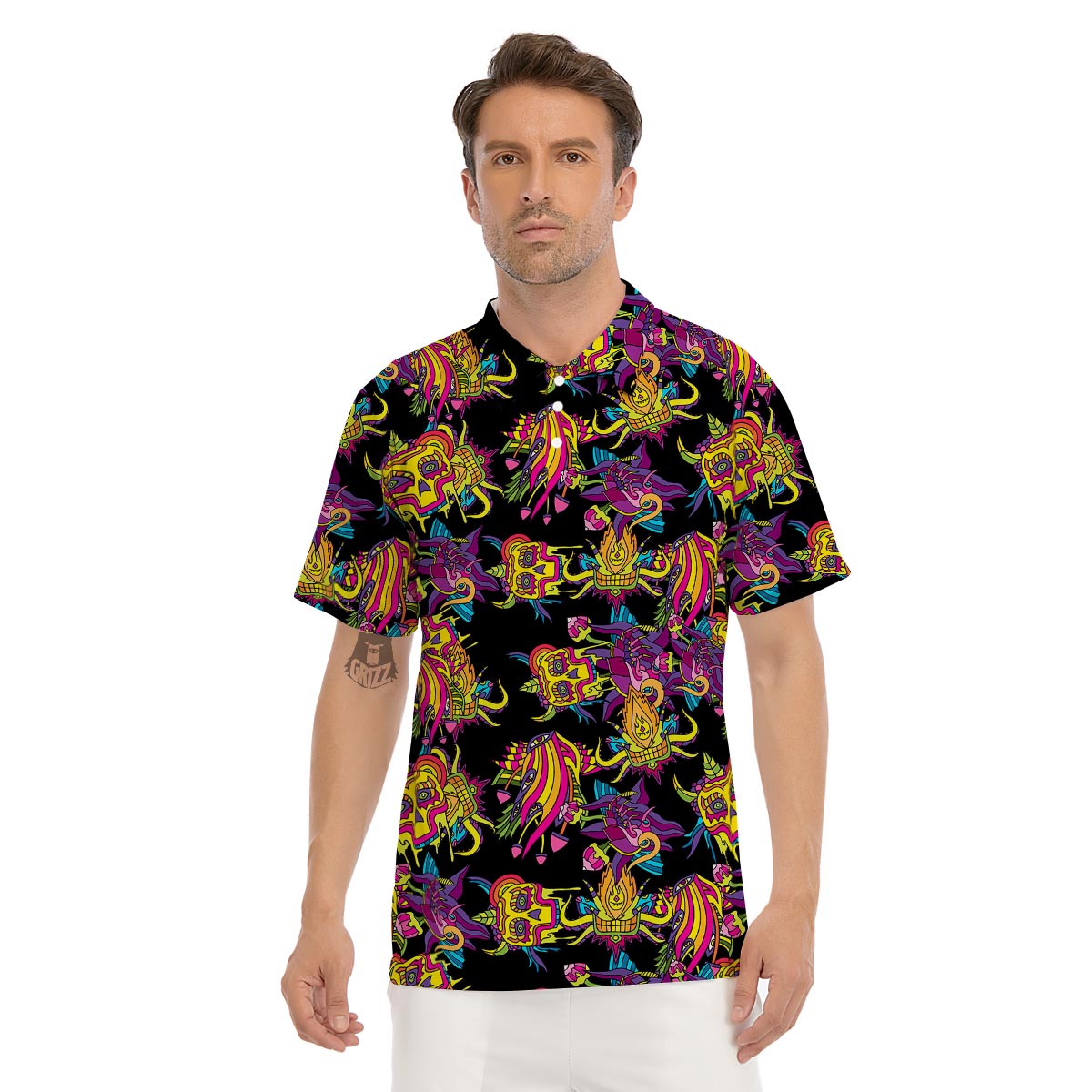 Black Skull Trippy Psychedelic Men's Golf Shirts-grizzshop