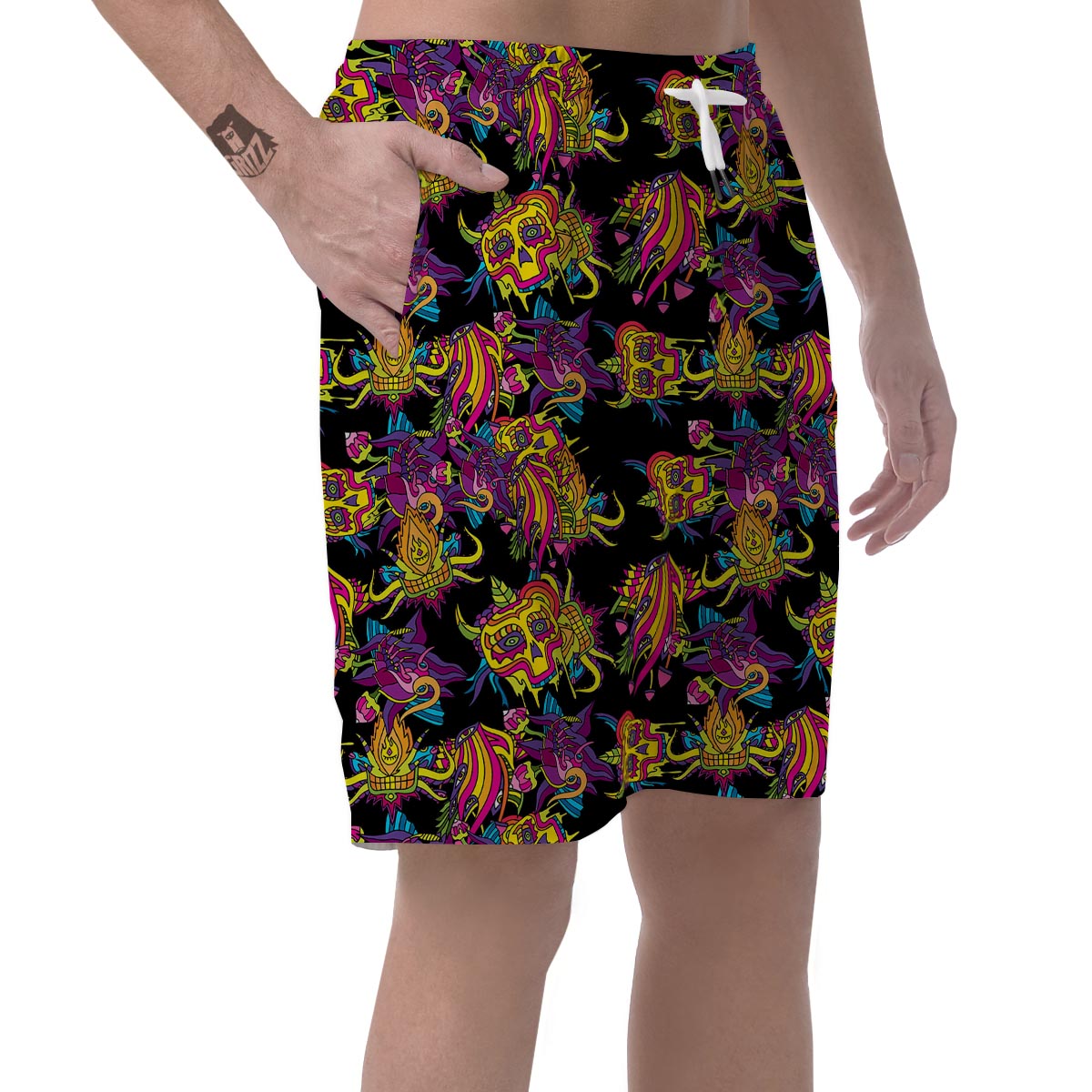 Black Skull Trippy Psychedelic Men's Shorts-grizzshop